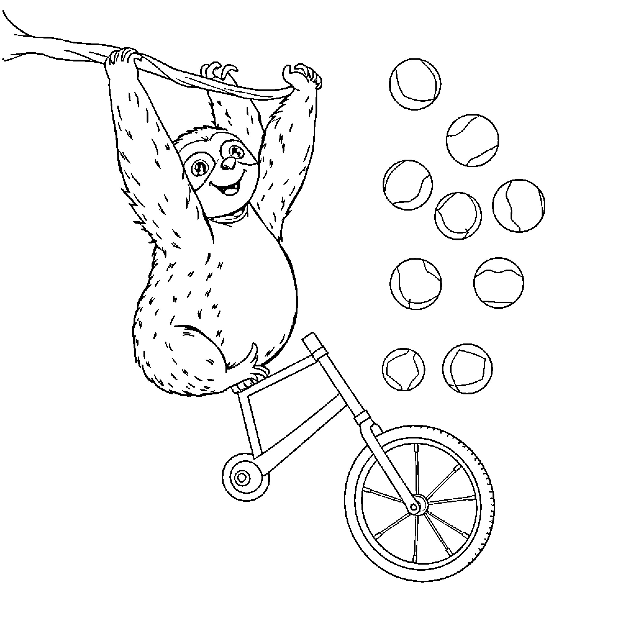 Sloth riding a unicycle with bubbles Coloring Page (free black-and-white line drawing printable PDF for all, from beginners to advanced learners, including children, teens, adults, and seniors)