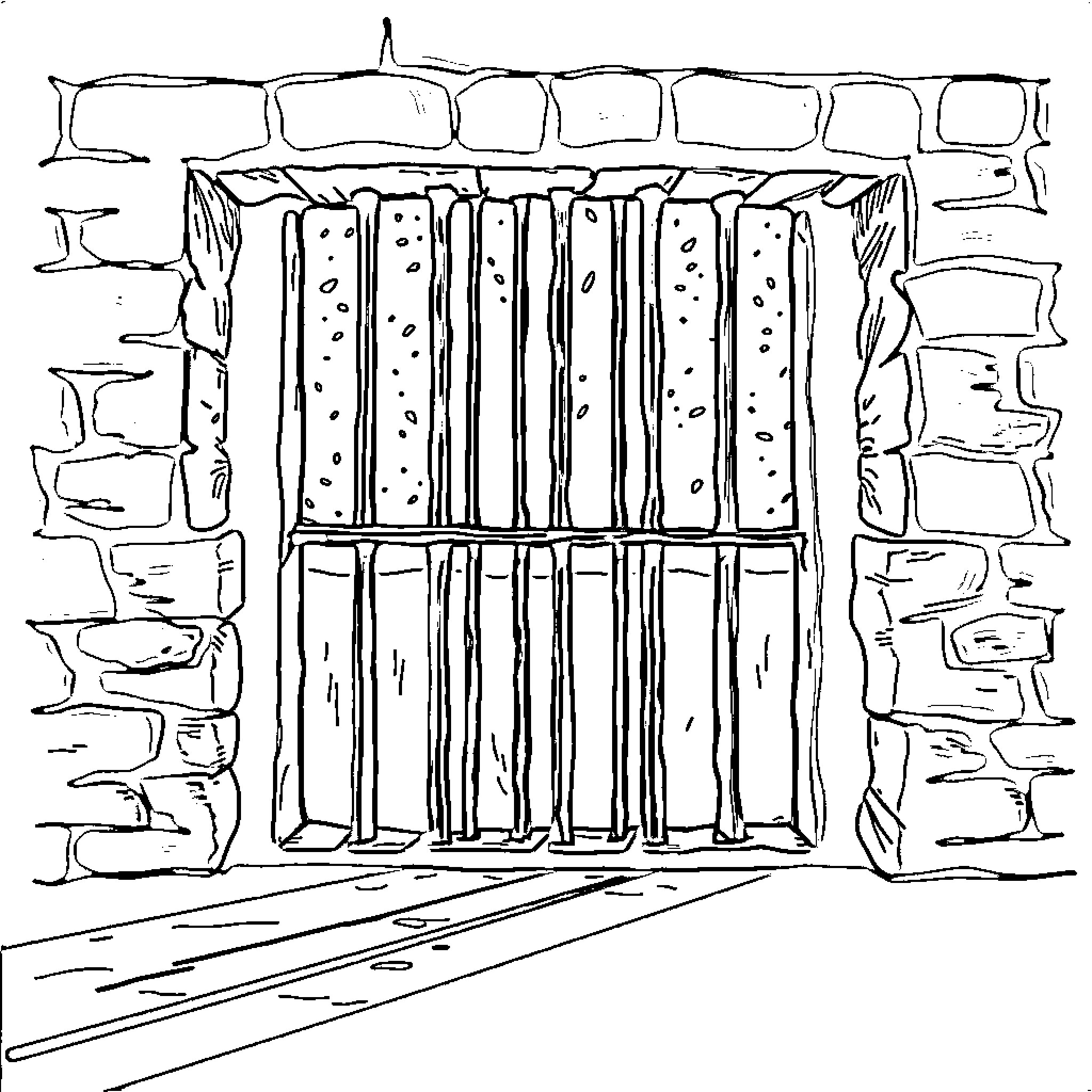 Prison cell with bars and walls Coloring Page (free black-and-white line drawing printable PDF for all, from beginners to advanced learners, including children, teens, adults, and seniors)