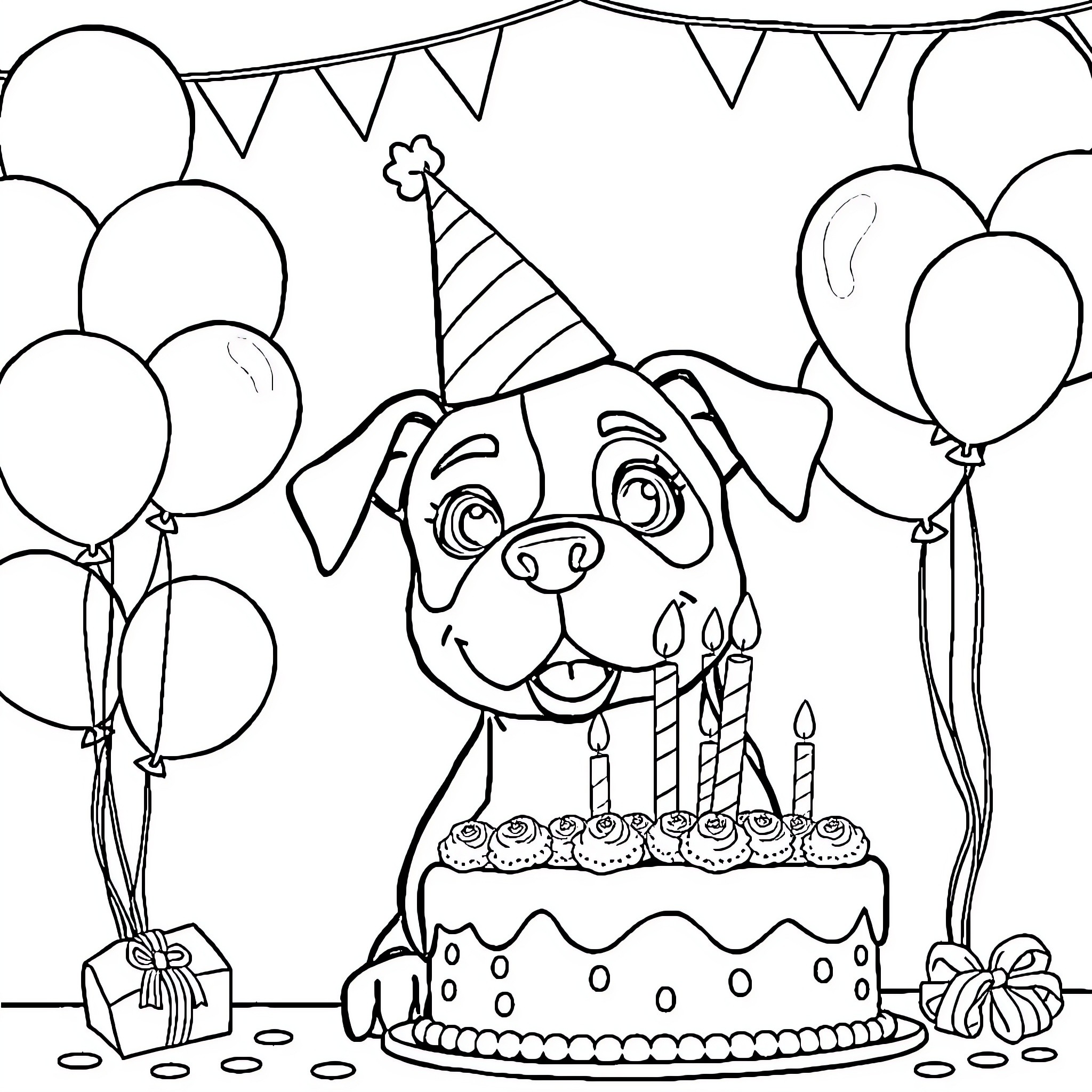 Bullseye the Pup's Birthday Party Coloring Page (free black-and-white line drawing printable PDF for all, from beginners to advanced learners, including children, teens, adults, and seniors)