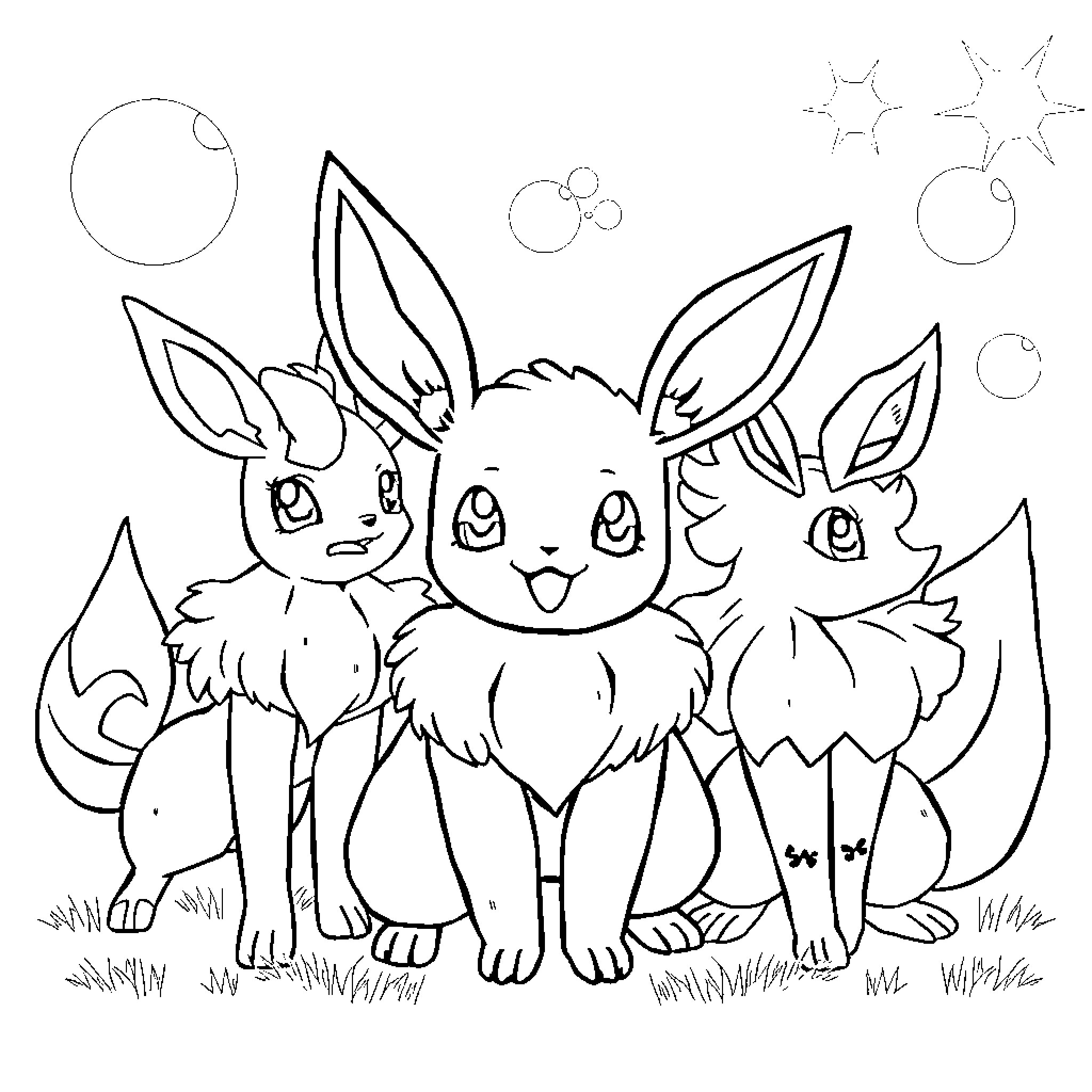 Eevee and its evolutions playing happily Coloring Page (free black-and-white line drawing printable PDF for all, from beginners to advanced learners, including children, teens, adults, and seniors)
