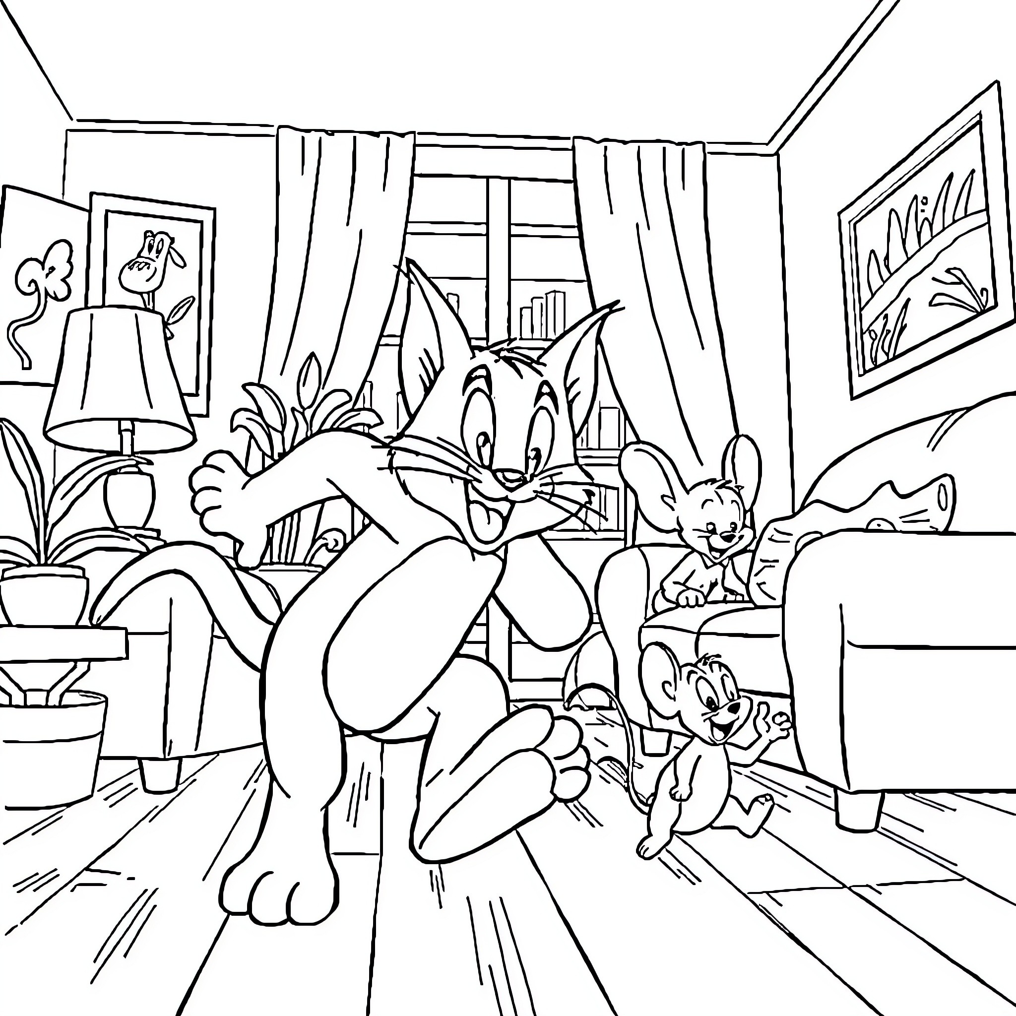Tom and Jerry's Chaotic Indoor Adventure Coloring Page (free black-and-white line drawing printable PDF for all, from beginners to advanced learners, including children, teens, adults, and seniors)