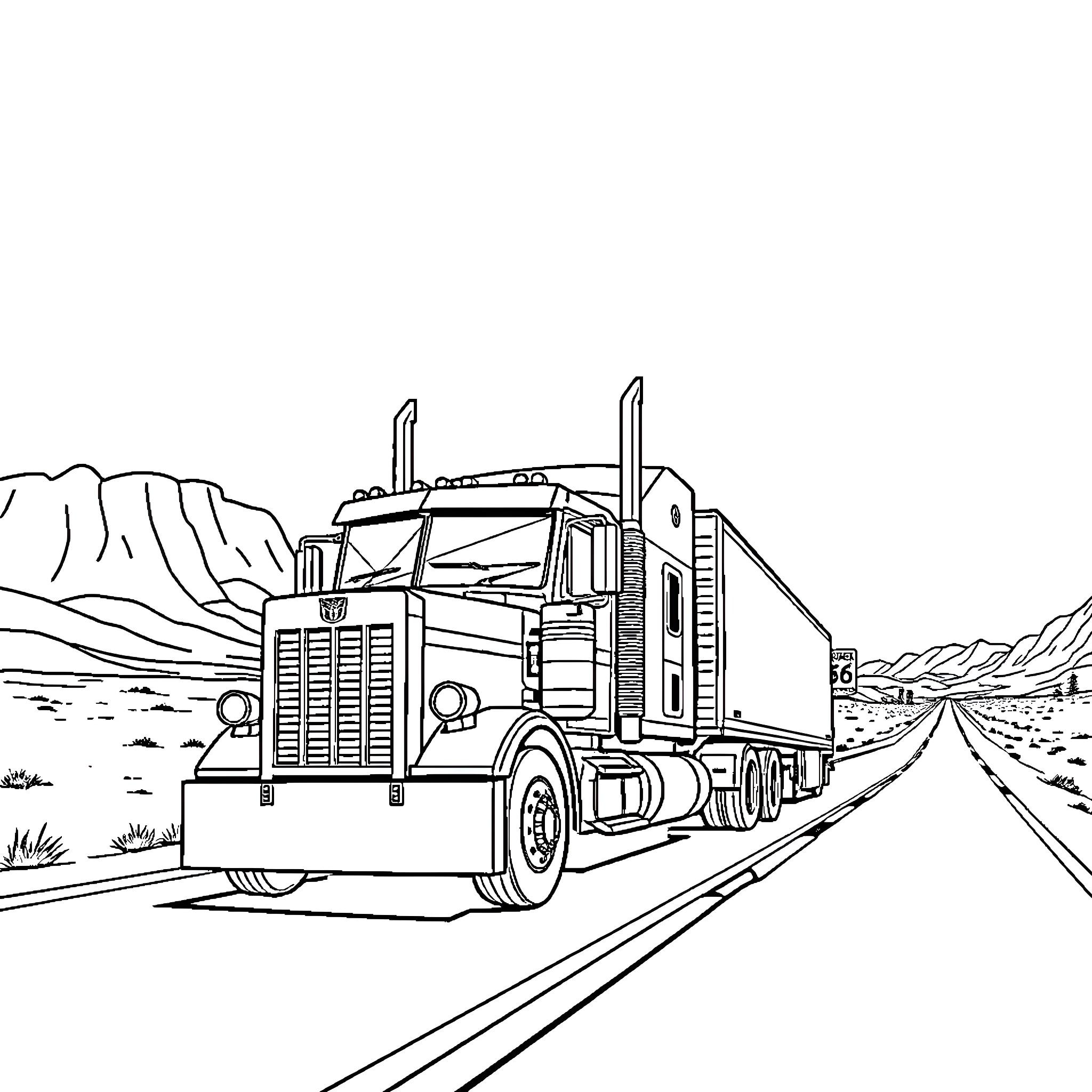 Optimus Prime's Iconic Truck on the Desert Road Coloring Page (free black-and-white line drawing printable PDF for all, from beginners to advanced learners, including children, teens, adults, and seniors)