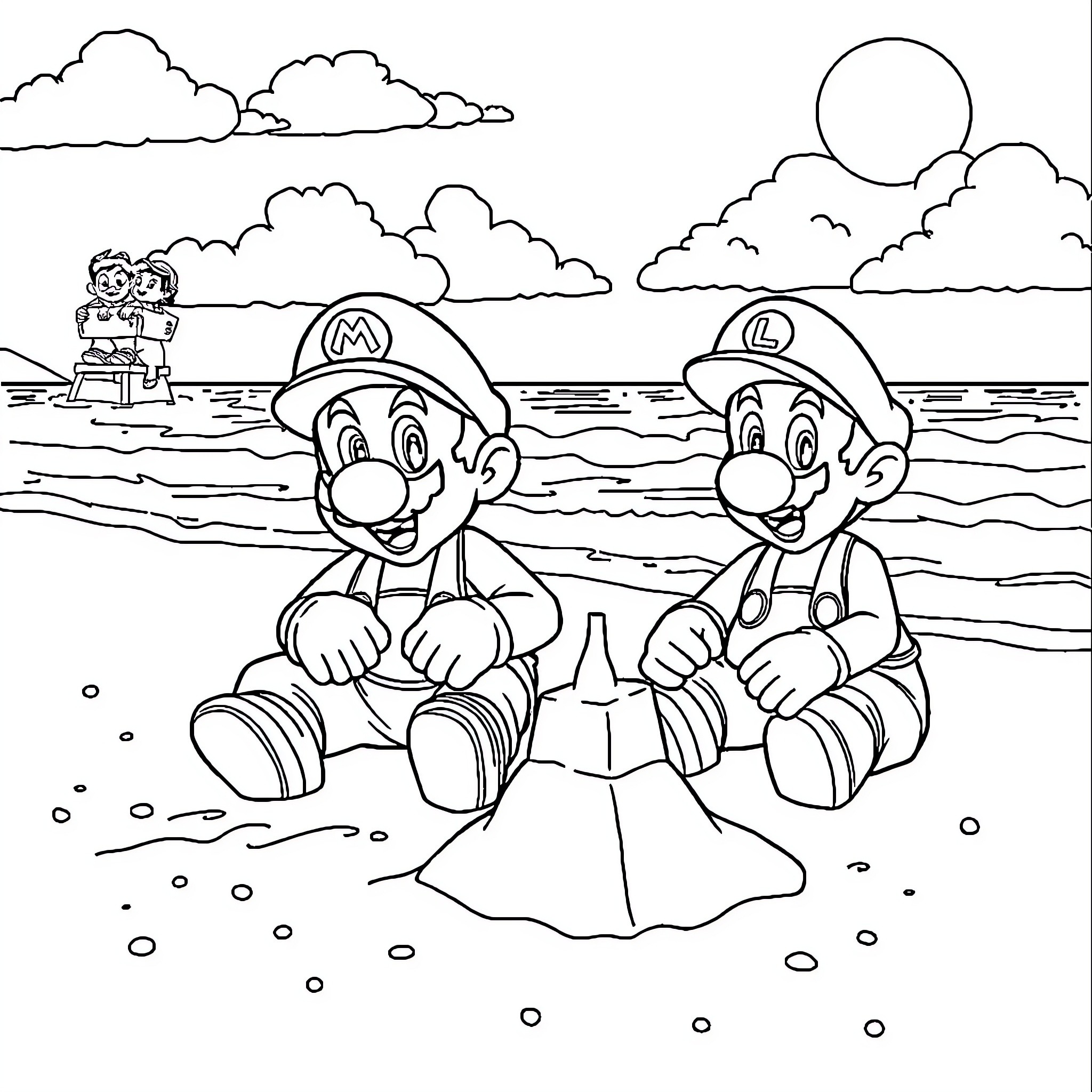 Mario and Luigi having fun at the beach Coloring Page (free black-and-white line drawing printable PDF for all, from beginners to advanced learners, including children, teens, adults, and seniors)