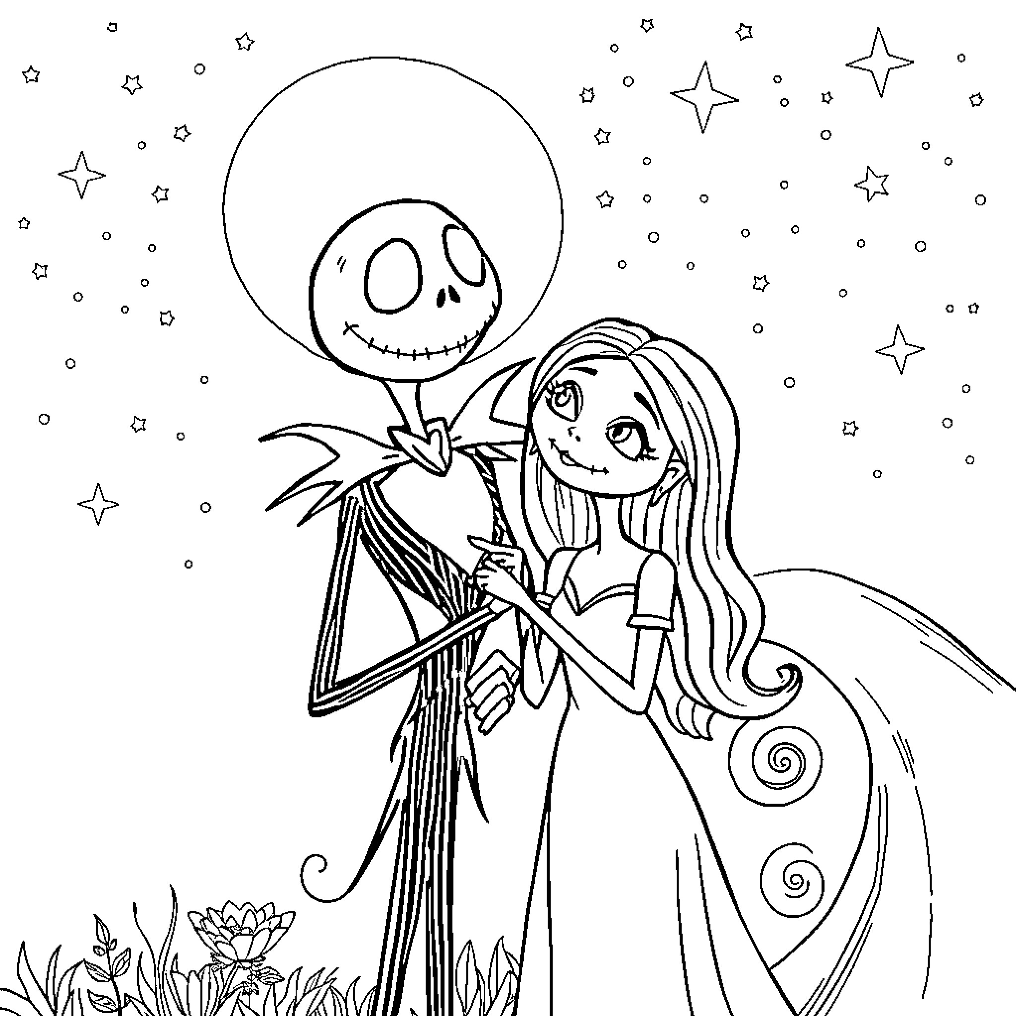 Jack Skellington and the Enchanting Companion Coloring Page (free black-and-white line drawing printable PDF for all, from beginners to advanced learners, including children, teens, adults, and seniors)