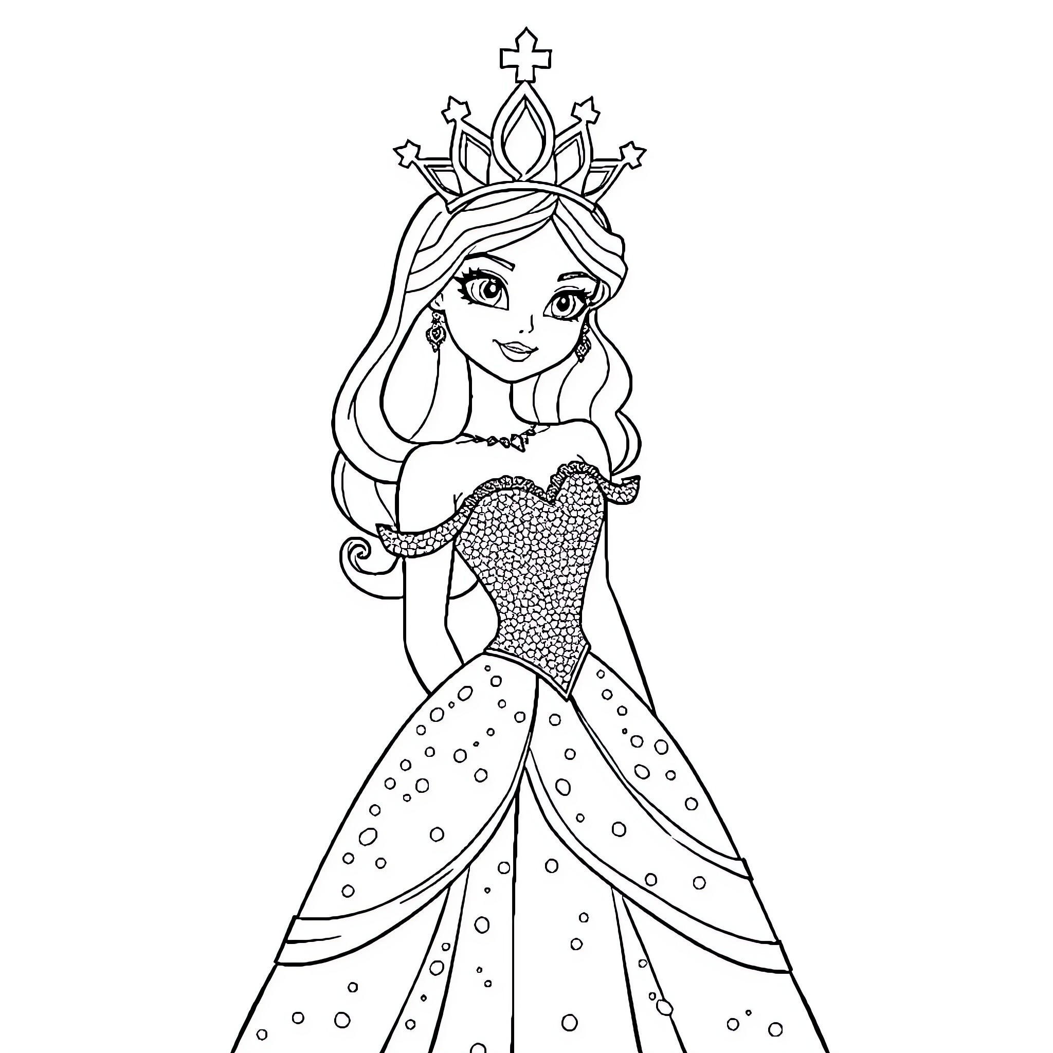 Princess in a Sparkling Gown and Crown Coloring Page (free black-and-white line drawing printable PDF for all, from beginners to advanced learners, including children, teens, adults, and seniors)