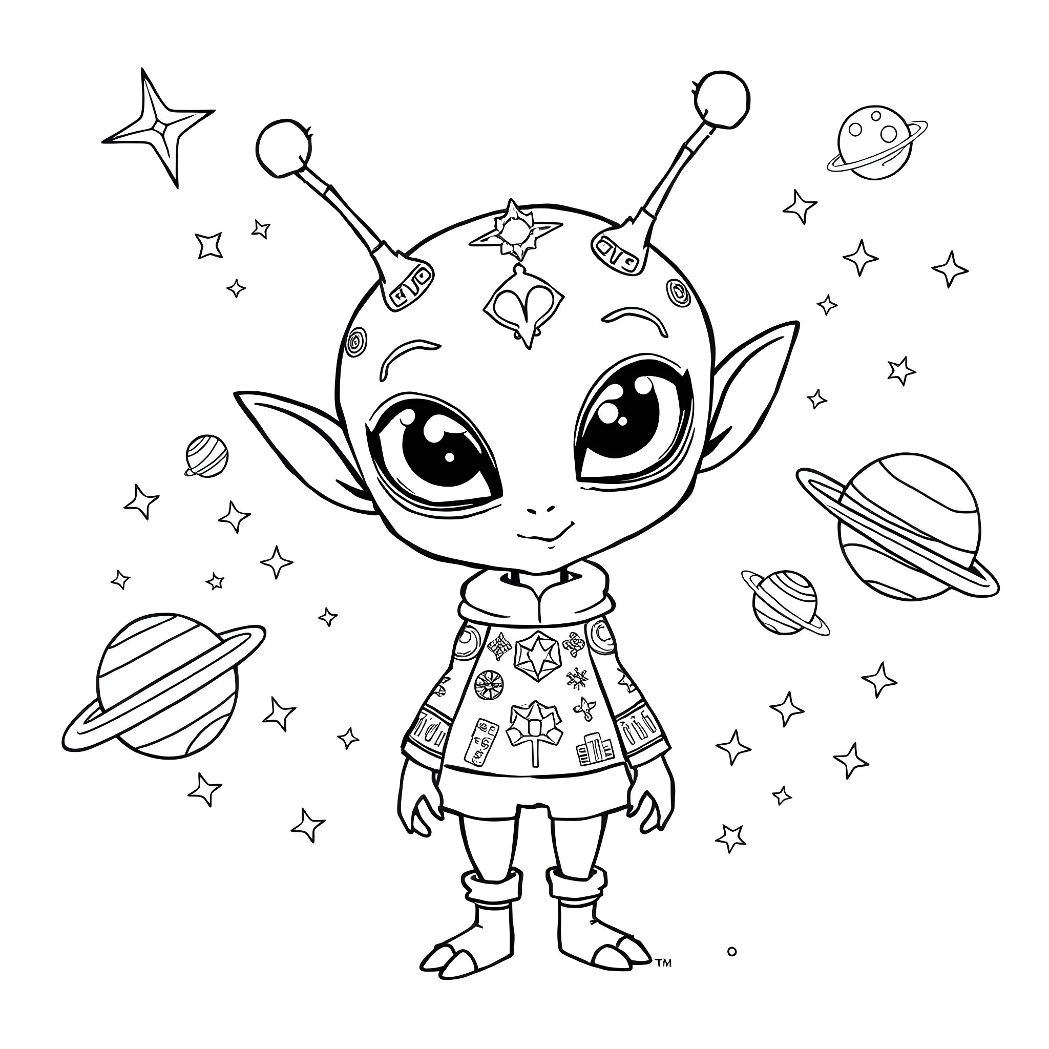 Alien creature exploring the cosmic space Coloring Page (free black-and-white line drawing printable PDF for all, from beginners to advanced learners, including children, teens, adults, and seniors)