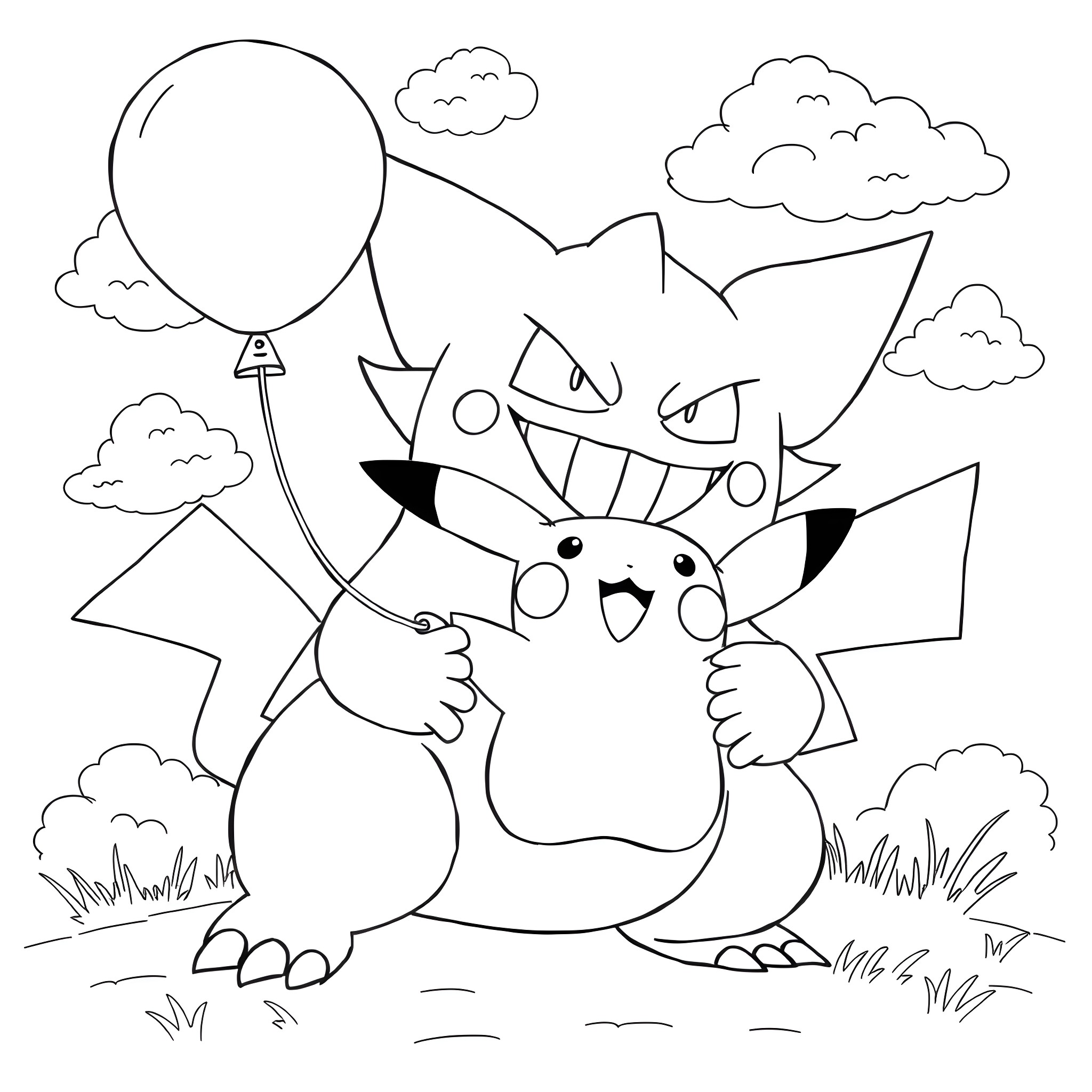 Gengar playing with Pikachu in the field Coloring Page (free black-and-white line drawing printable PDF for all, from beginners to advanced learners, including children, teens, adults, and seniors)