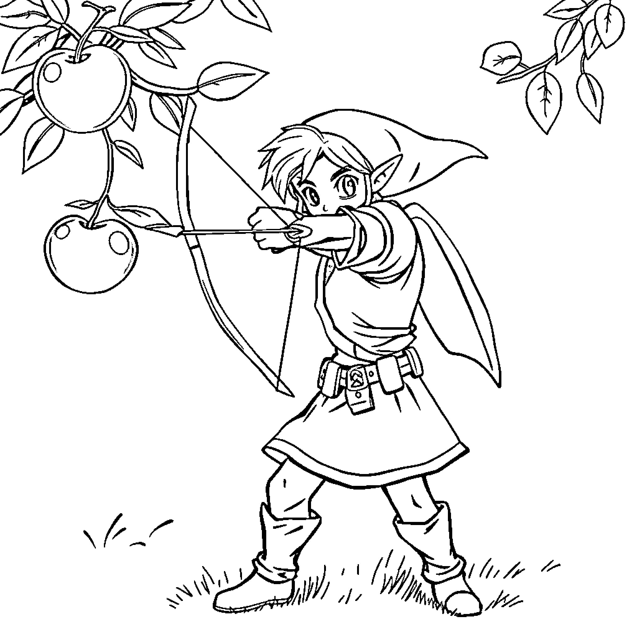 Link exploring the forest with a bow and arrow Coloring Page (free black-and-white line drawing printable PDF for all, from beginners to advanced learners, including children, teens, adults, and seniors)