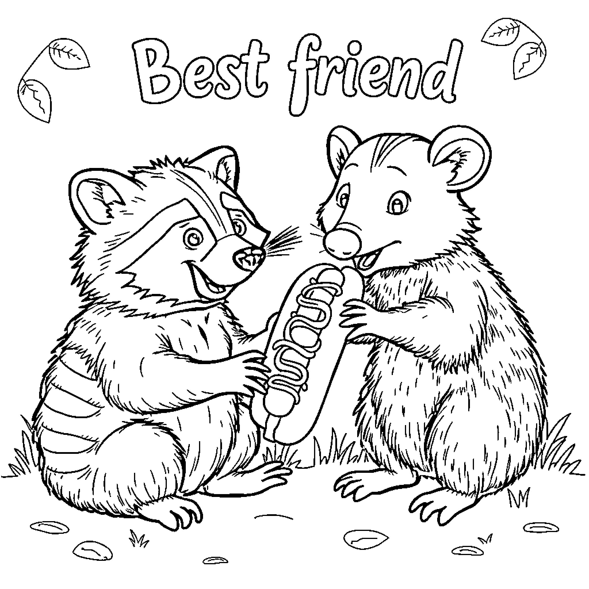 Raccoon best friends sharing a snack Coloring Page (free black-and-white line drawing printable PDF for all, from beginners to advanced learners, including children, teens, adults, and seniors)