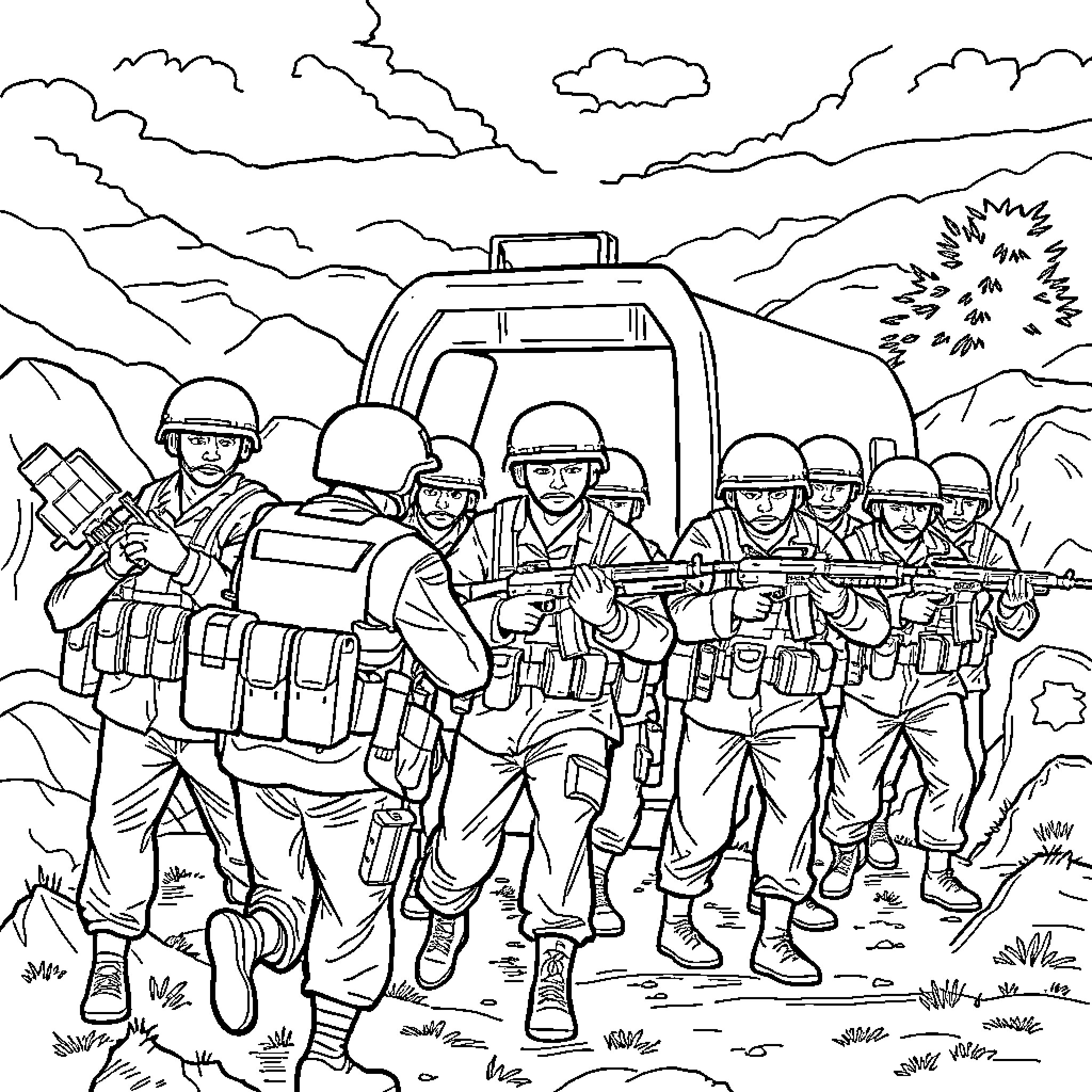 Military Soldiers Marching in Formation Coloring Page (free black-and-white line drawing printable PDF for all, from beginners to advanced learners, including children, teens, adults, and seniors)