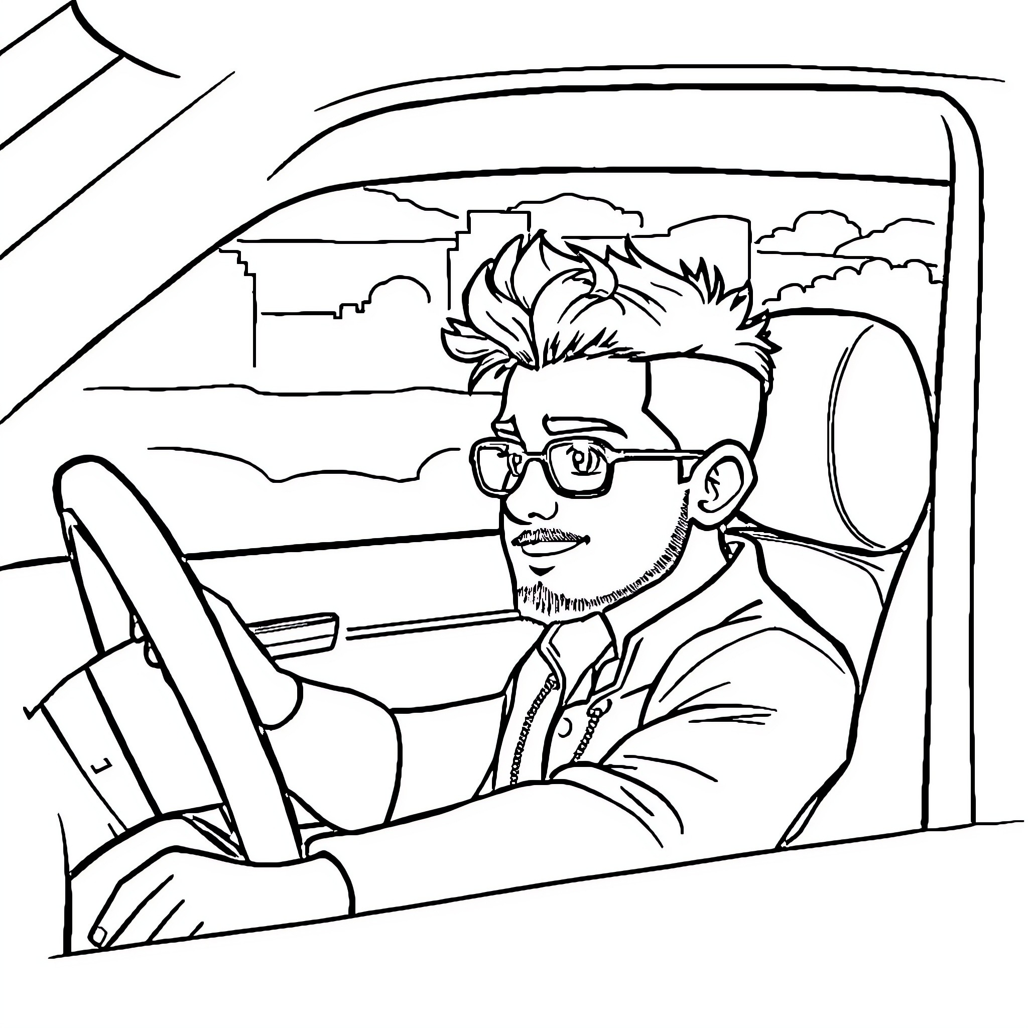Youcef driving confidently through the city Coloring Page (free black-and-white line drawing printable PDF for all, from beginners to advanced learners, including children, teens, adults, and seniors)