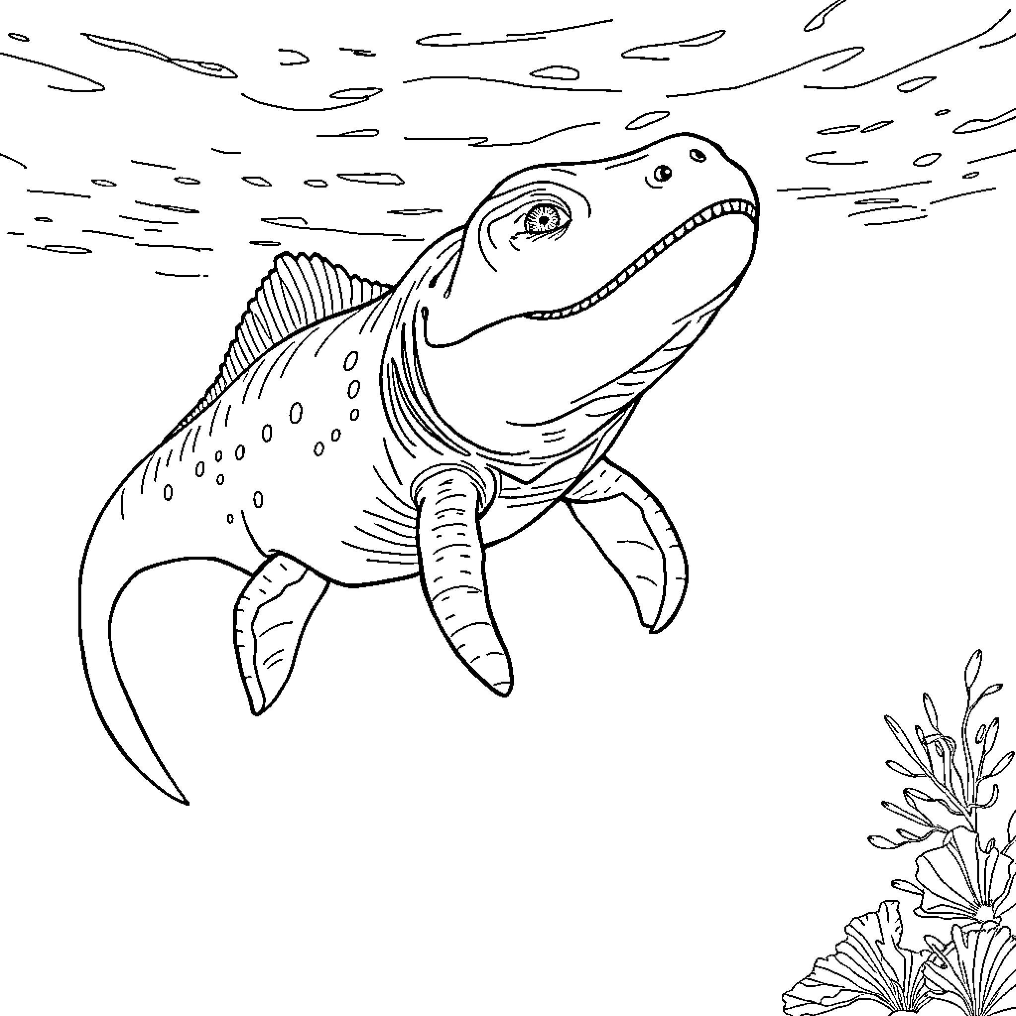 Mosasaurus swimming through the underwater world Coloring Page (free black-and-white line drawing printable PDF for all, from beginners to advanced learners, including children, teens, adults, and seniors)