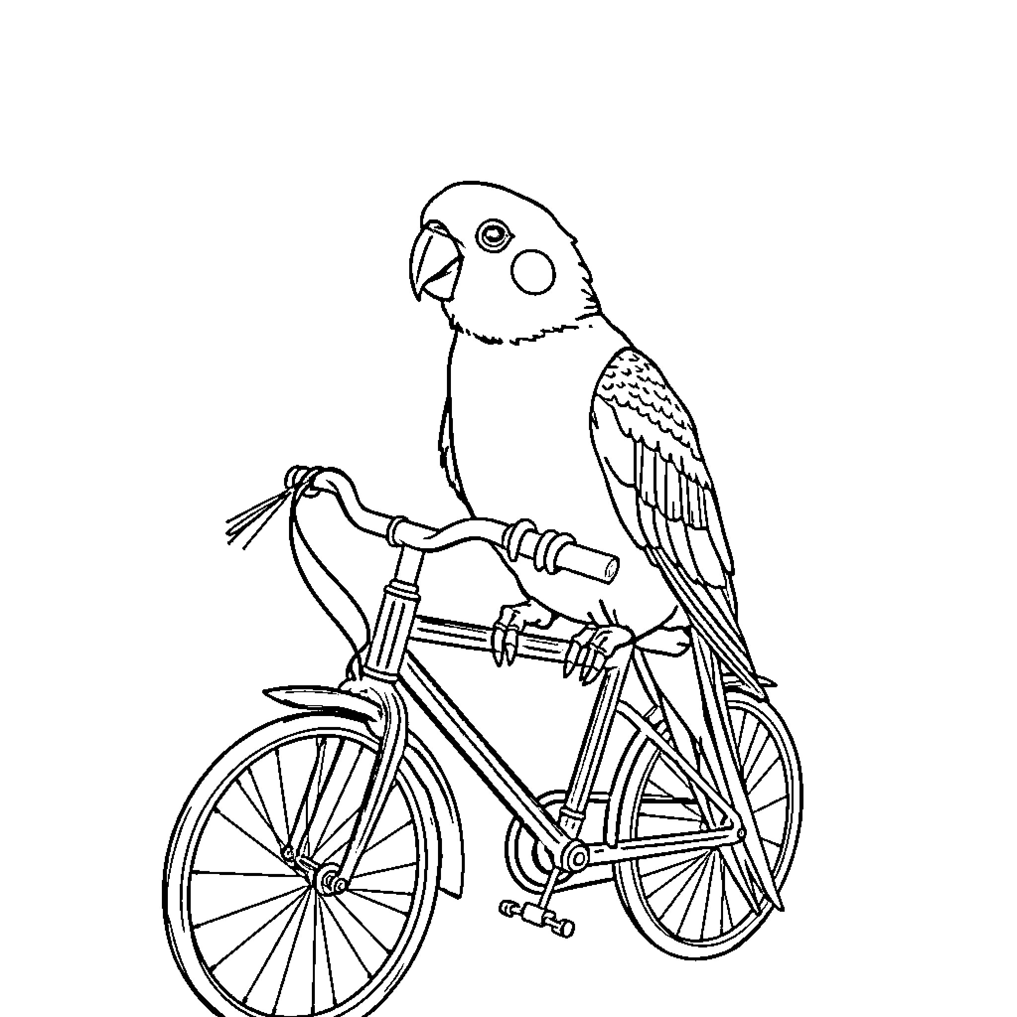 Parakeet riding a bicycle Coloring Page (free black-and-white line drawing printable PDF for all, from beginners to advanced learners, including children, teens, adults, and seniors)