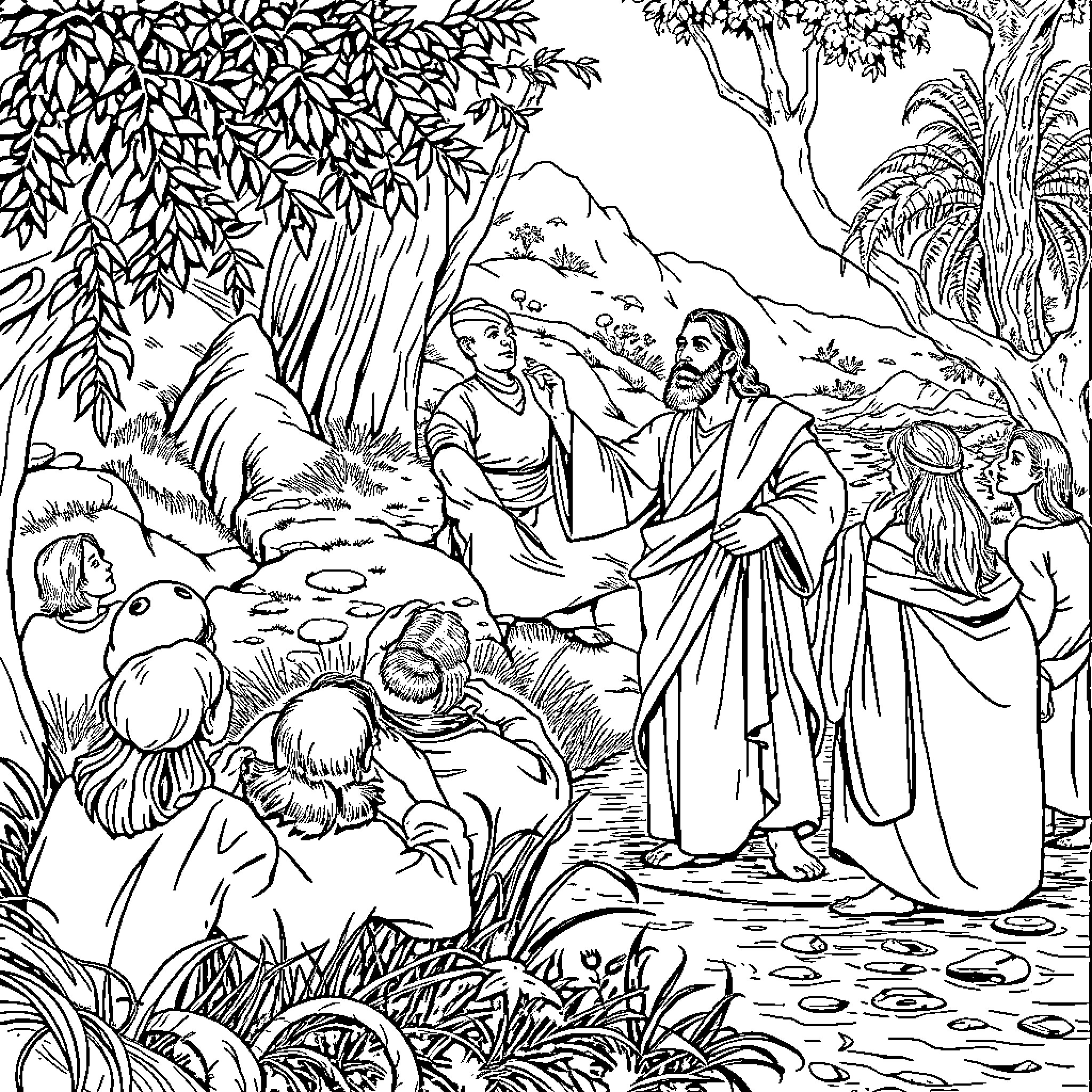 Juan's Spiritual Journey in the Lush Forest Coloring Page (free black-and-white line drawing printable PDF for all, from beginners to advanced learners, including children, teens, adults, and seniors)