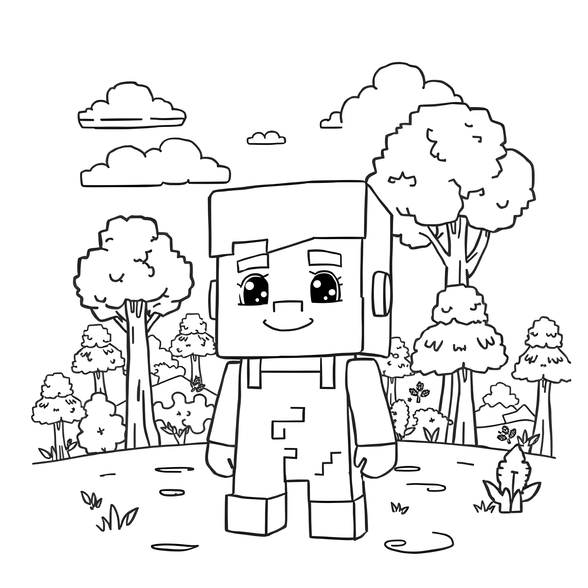 Bluey playing in the serene forest setting Coloring Page (free black-and-white line drawing printable PDF for all, from beginners to advanced learners, including children, teens, adults, and seniors)