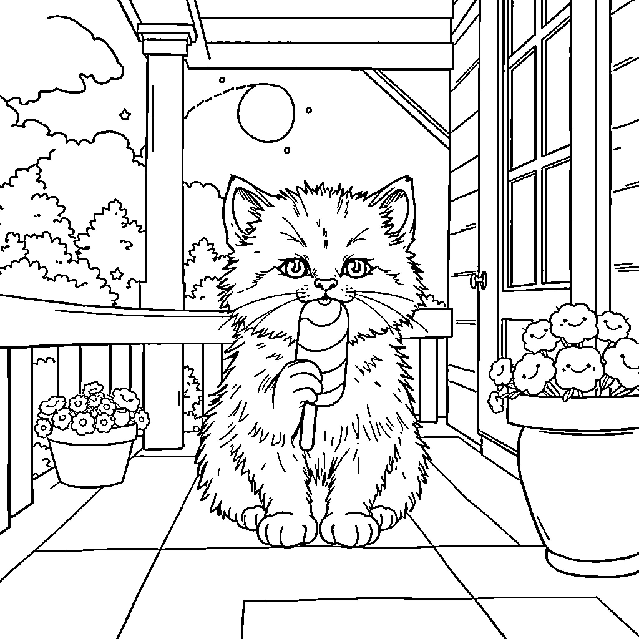 Kitten exploring the porch Coloring Page (free black-and-white line drawing printable PDF for all, from beginners to advanced learners, including children, teens, adults, and seniors)