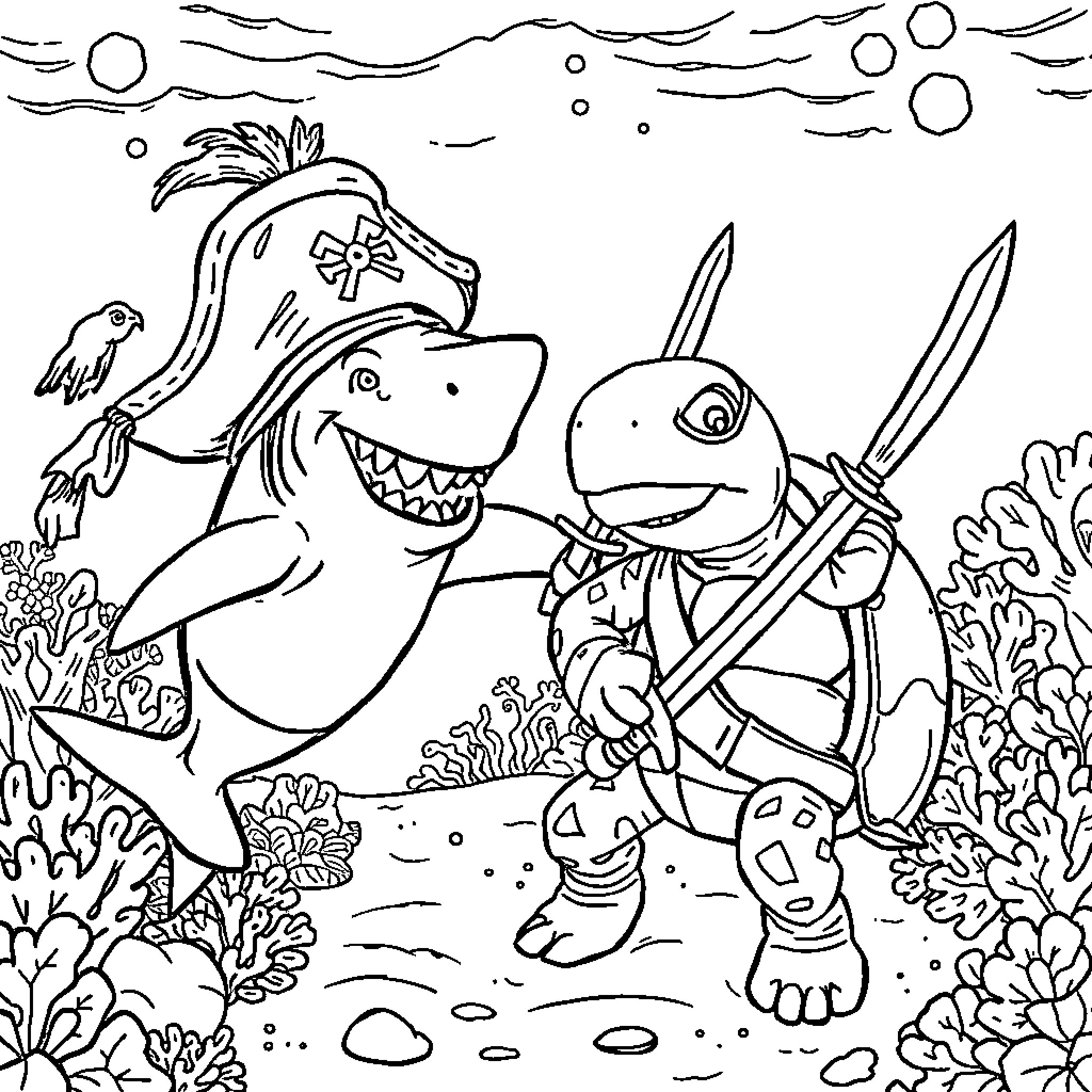 Shark friends explore the underwater world Coloring Page (free black-and-white line drawing printable PDF for all, from beginners to advanced learners, including children, teens, adults, and seniors)