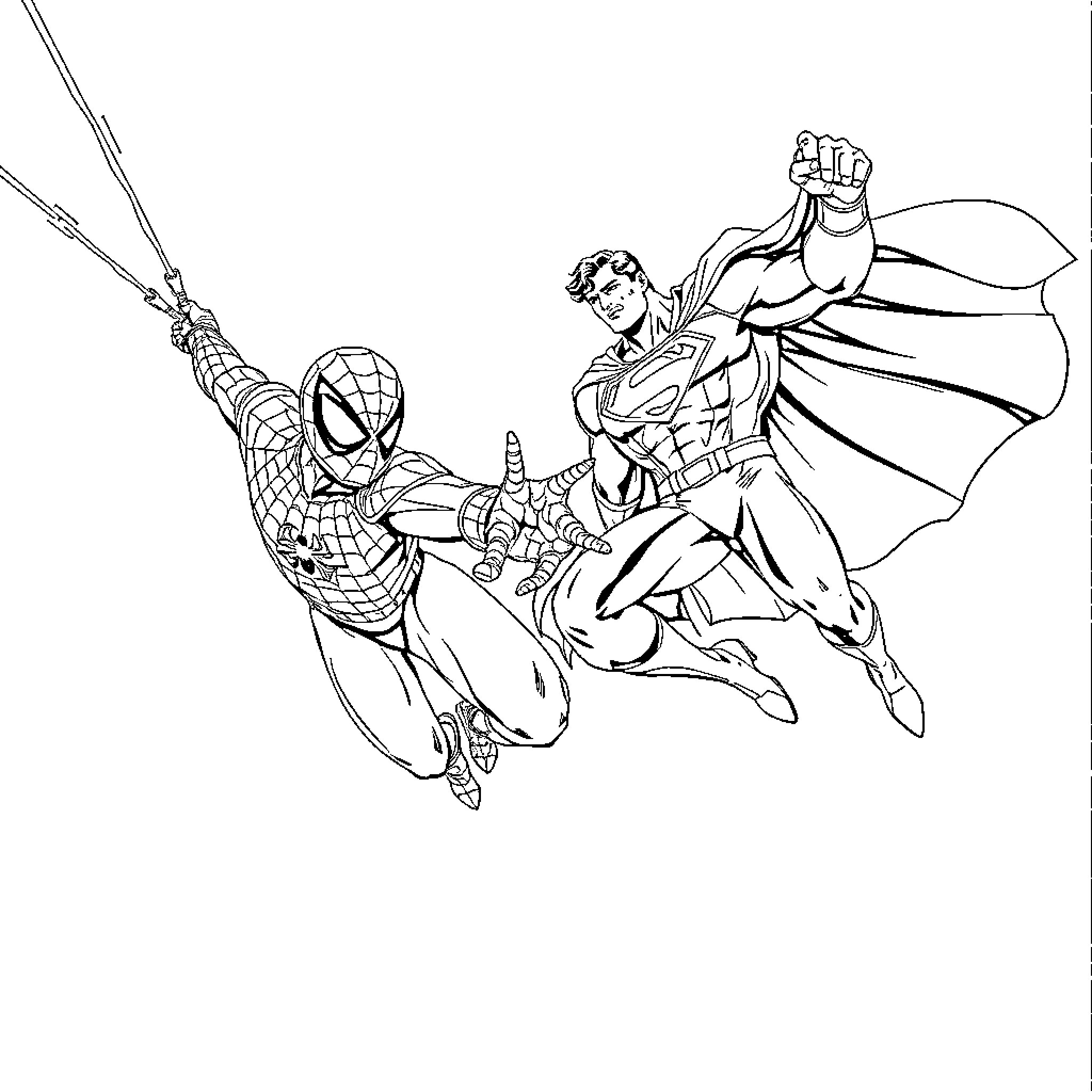 Spiderman and superhero team up for action-packed adventure Coloring Page (free black-and-white line drawing printable PDF for all, from beginners to advanced learners, including children, teens, adults, and seniors)