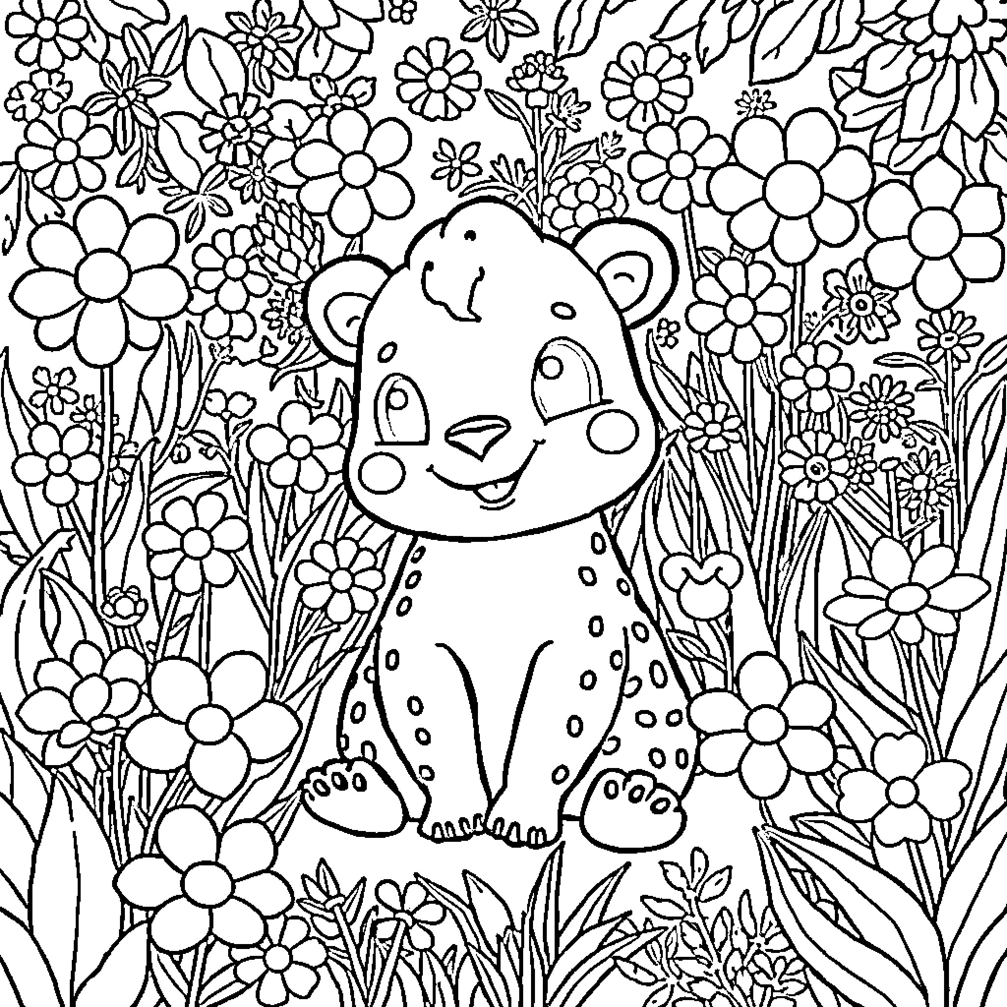 Labubu's Playful Garden Coloring Page (free black-and-white line drawing printable PDF for all, from beginners to advanced learners, including children, teens, adults, and seniors)