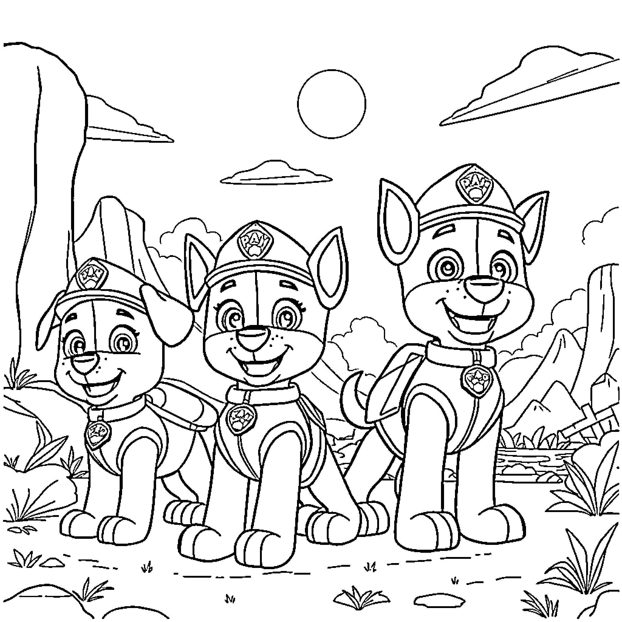 Paw Patrol Pups on Adventure in the Mountains Coloring Page (free black-and-white line drawing printable PDF for all, from beginners to advanced learners, including children, teens, adults, and seniors)