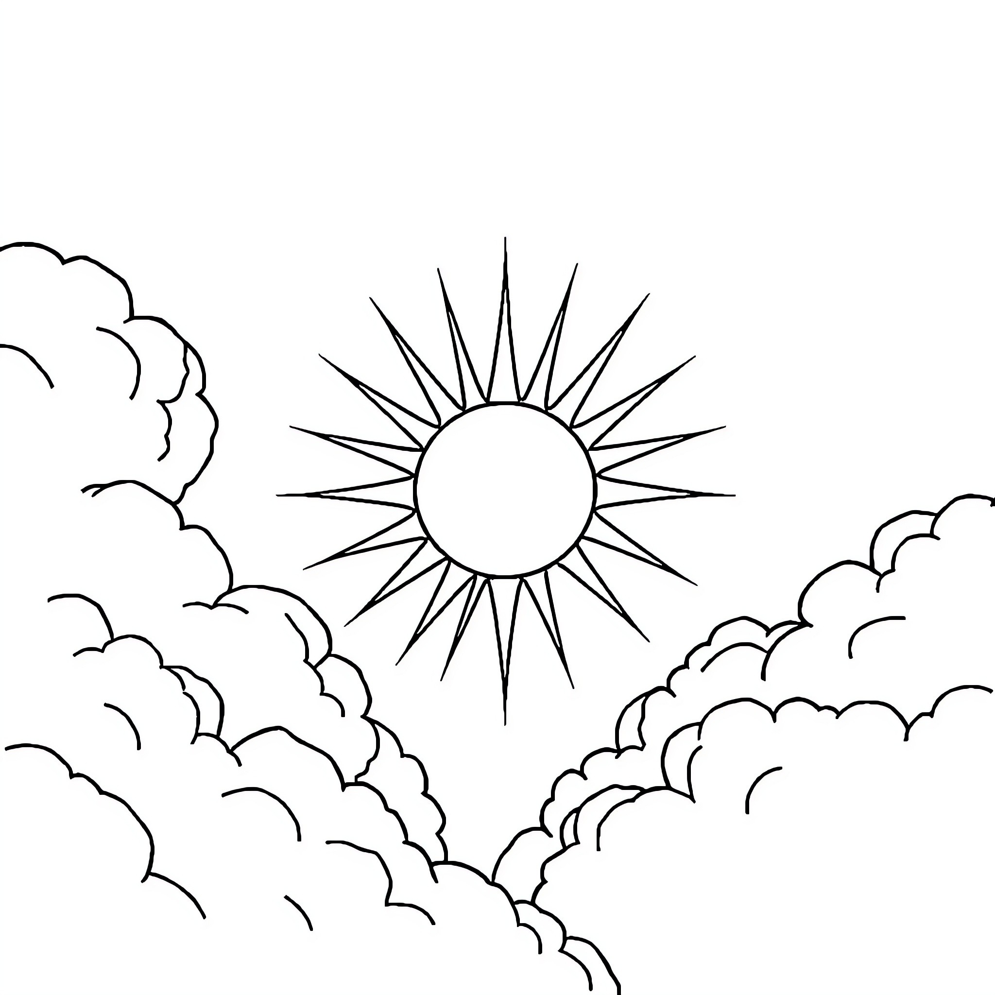 Sun shining brightly through clouds Coloring Page (free black-and-white line drawing printable PDF for all, from beginners to advanced learners, including children, teens, adults, and seniors)