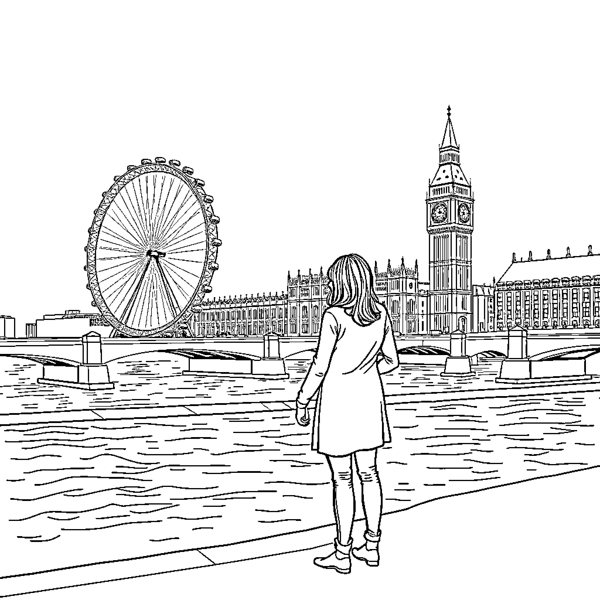 Couple admiring the London skyline Coloring Page (free black-and-white line drawing printable PDF for all, from beginners to advanced learners, including children, teens, adults, and seniors)