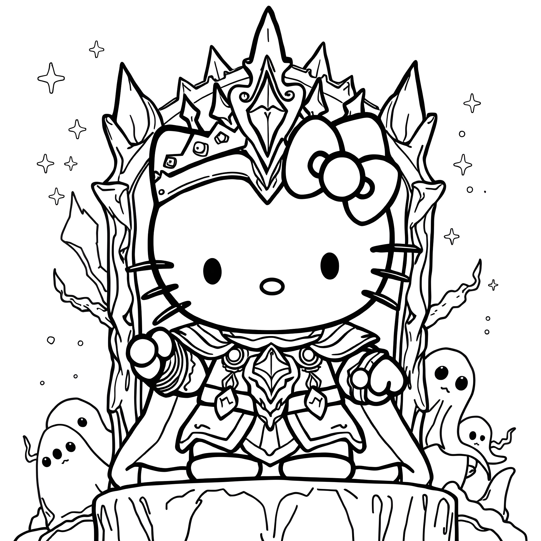 Hello Kitty in a magical fantasy world Coloring Page (free black-and-white line drawing printable PDF for all, from beginners to advanced learners, including children, teens, adults, and seniors)