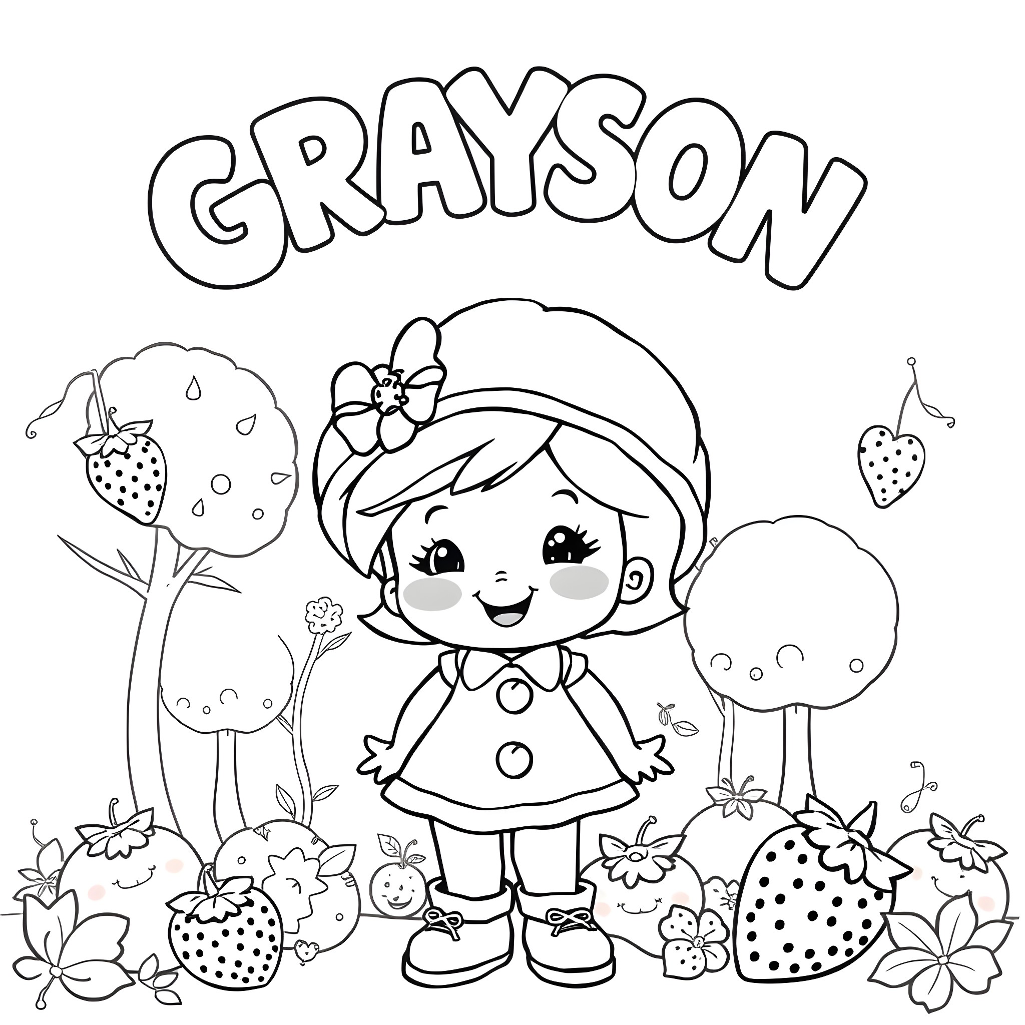 Strawberry Shortcake playing in a strawberry patch Coloring Page (free black-and-white line drawing printable PDF for all, from beginners to advanced learners, including children, teens, adults, and seniors)
