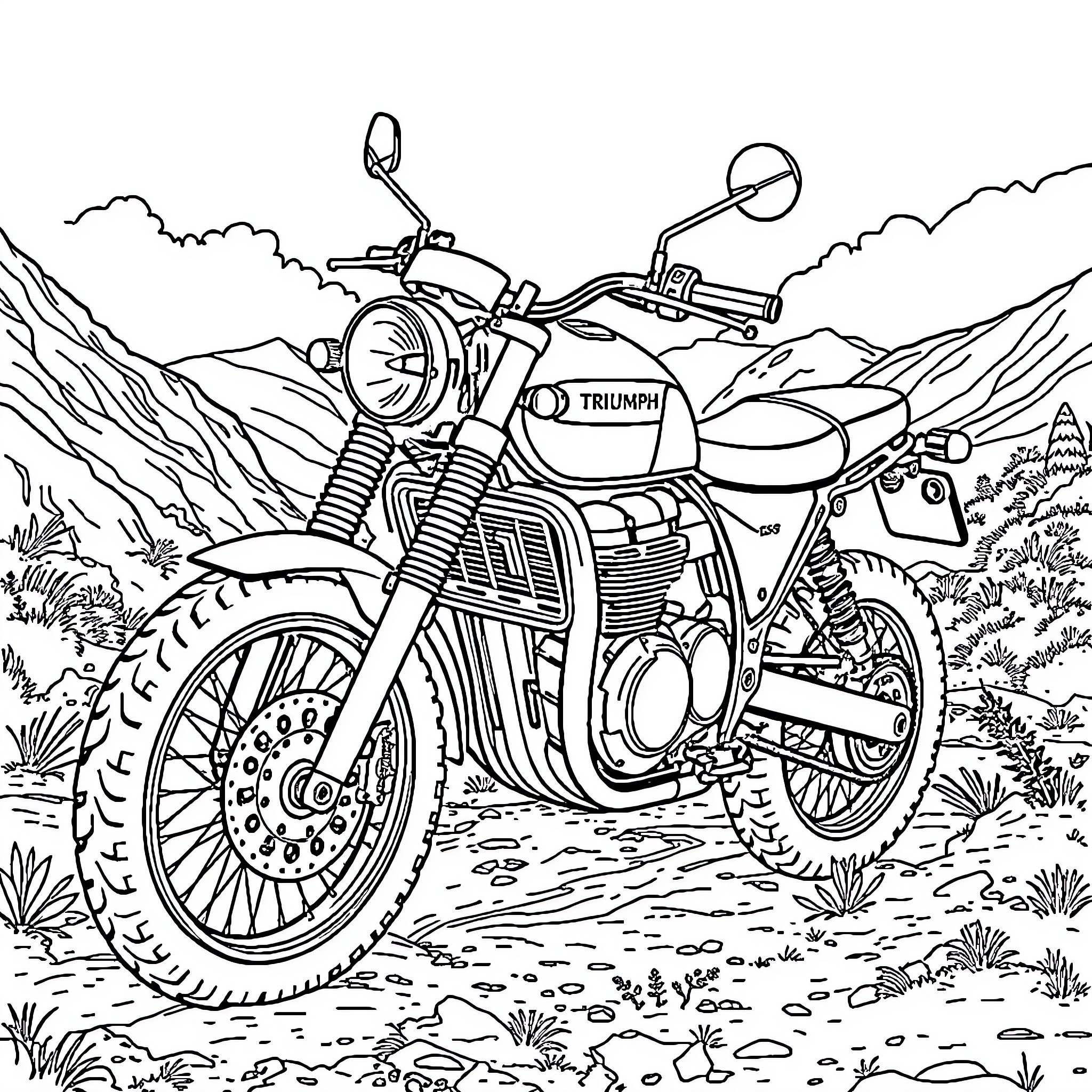 Scrambler motorcycle in the rugged outdoors Coloring Page (free black-and-white line drawing printable PDF for all, from beginners to advanced learners, including children, teens, adults, and seniors)