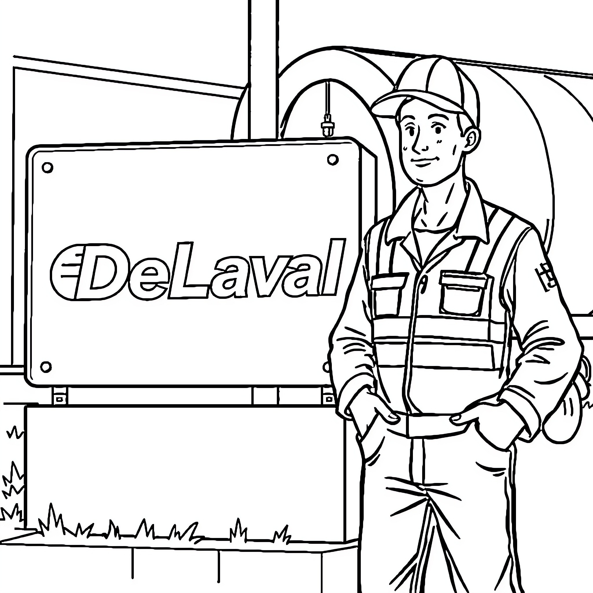 Worker operating industrial equipment with company logo Coloring Page (free black-and-white line drawing printable PDF for all, from beginners to advanced learners, including children, teens, adults, and seniors)