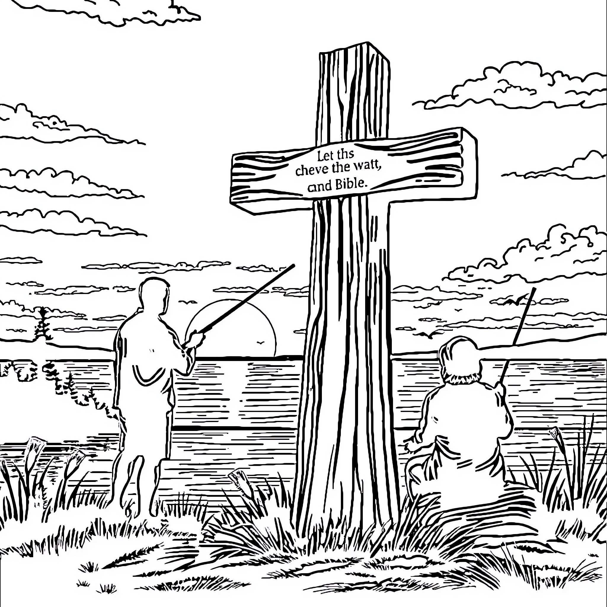 Cross bearing a Bible message in nature Coloring Page (free black-and-white line drawing printable PDF for all, from beginners to advanced learners, including children, teens, adults, and seniors)