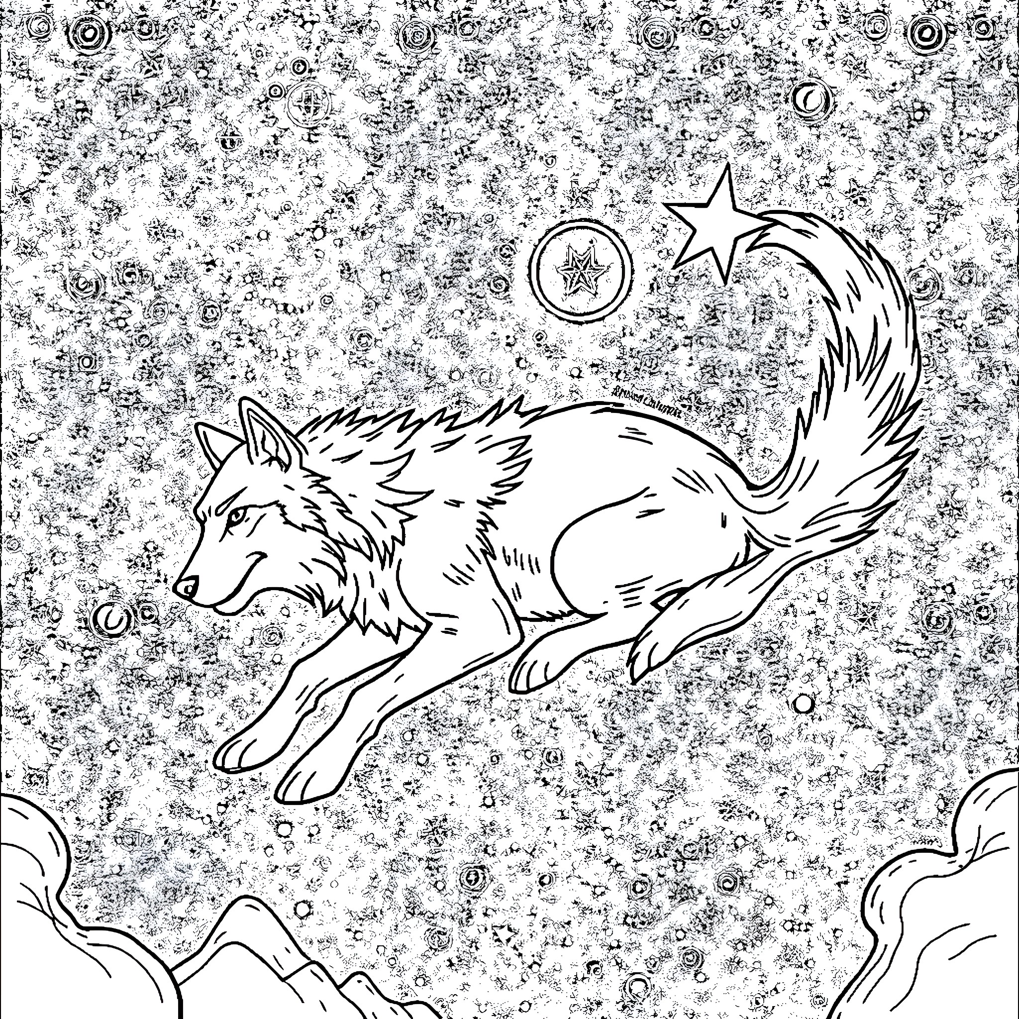 Wolf Chasing Shooting Star in Cosmic Landscape Coloring Page (free black-and-white line drawing printable PDF for all, from beginners to advanced learners, including children, teens, adults, and seniors)