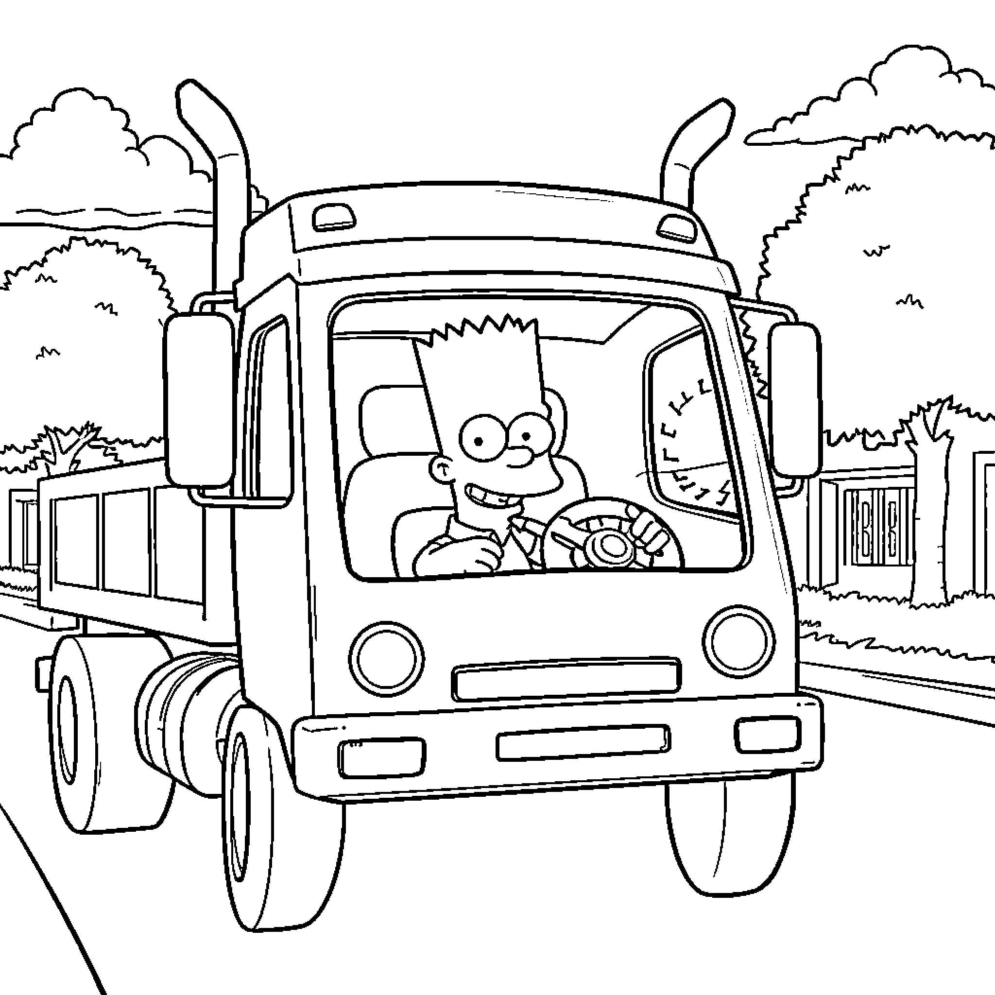 Bart Simpson driving a truck on the road Coloring Page (free black-and-white line drawing printable PDF for all, from beginners to advanced learners, including children, teens, adults, and seniors)