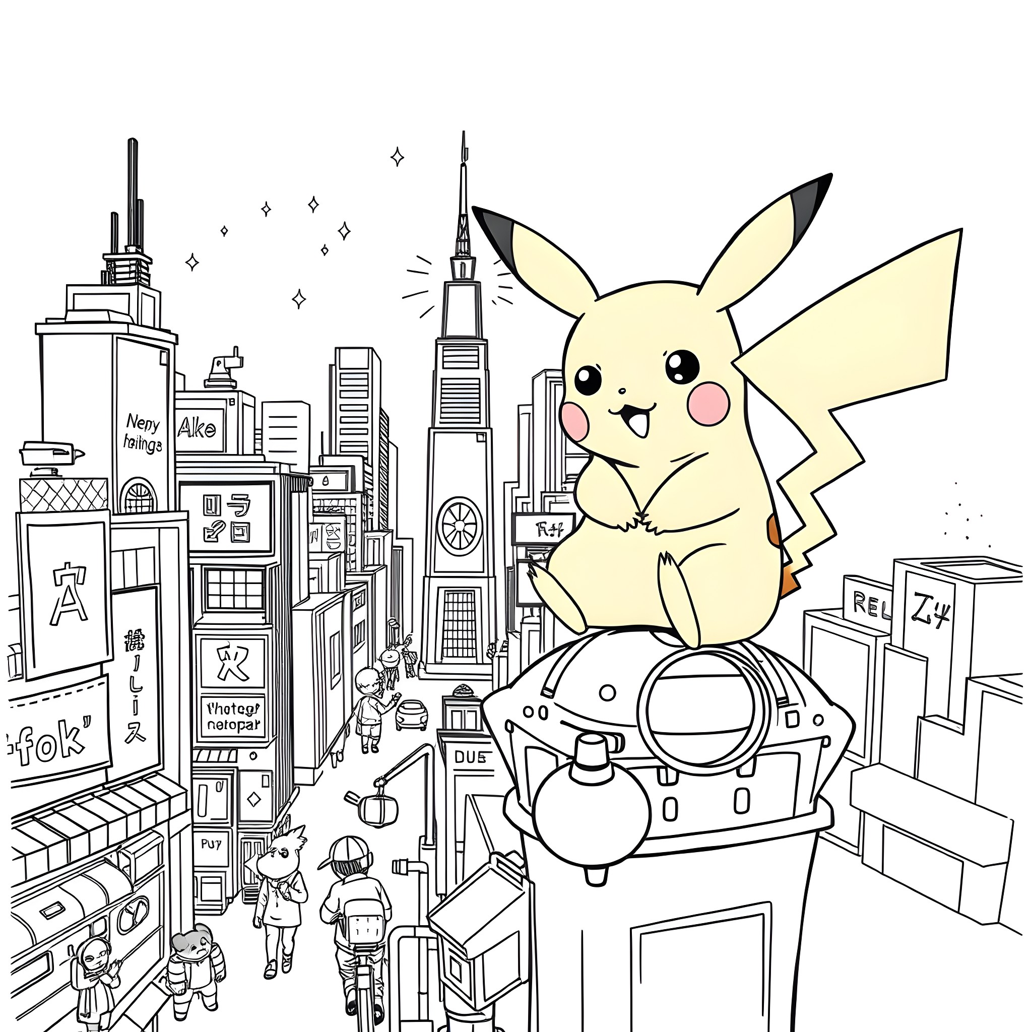 Pikachu exploring the lively city landscape Coloring Page (free black-and-white line drawing printable PDF for all, from beginners to advanced learners, including children, teens, adults, and seniors)