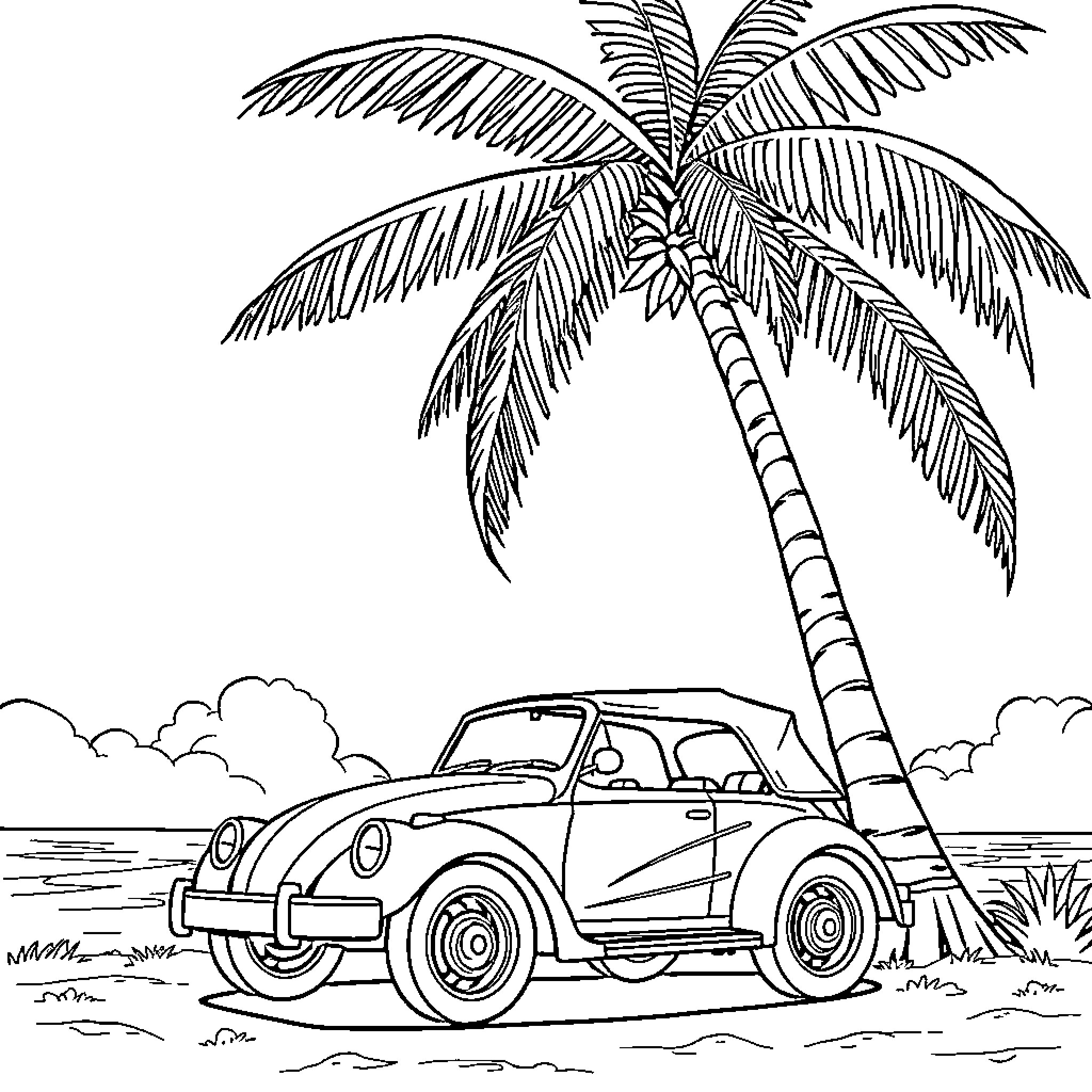 Car parked under a palm tree on the beach Coloring Page (free black-and-white line drawing printable PDF for all, from beginners to advanced learners, including children, teens, adults, and seniors)