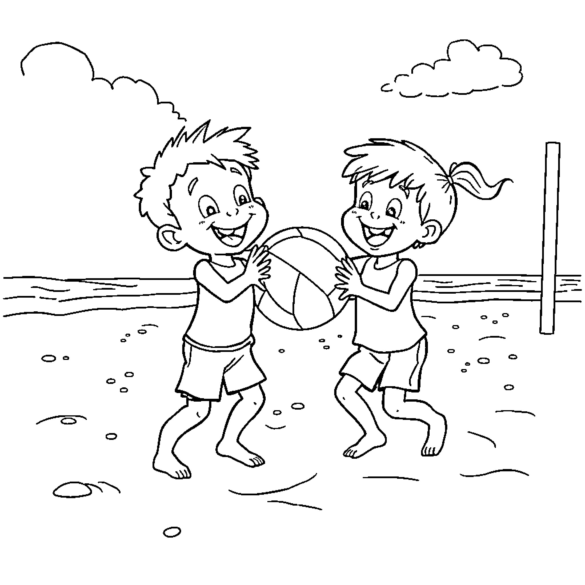 Bluey and friend playing on the beach Coloring Page (free black-and-white line drawing printable PDF for all, from beginners to advanced learners, including children, teens, adults, and seniors)