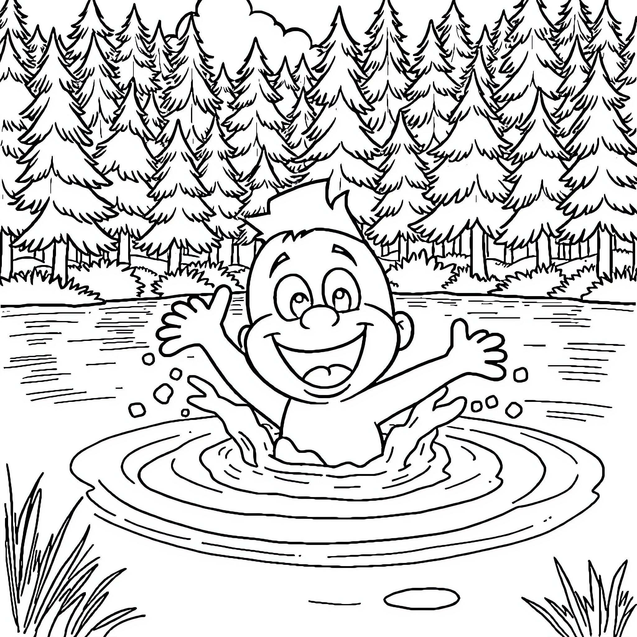 Blippi enjoying a playful swim in the forest pond Coloring Page (free black-and-white line drawing printable PDF for all, from beginners to advanced learners, including children, teens, adults, and seniors)