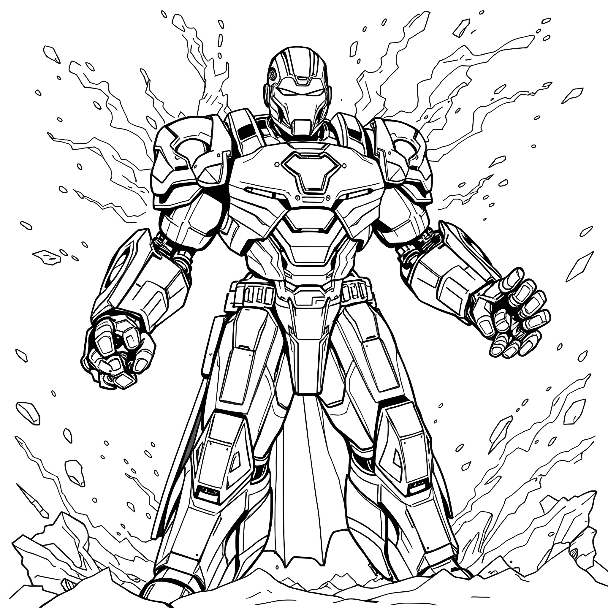 Iron Freeze - Armored warrior in action pose Coloring Page (free black-and-white line drawing printable PDF for all, from beginners to advanced learners, including children, teens, adults, and seniors)