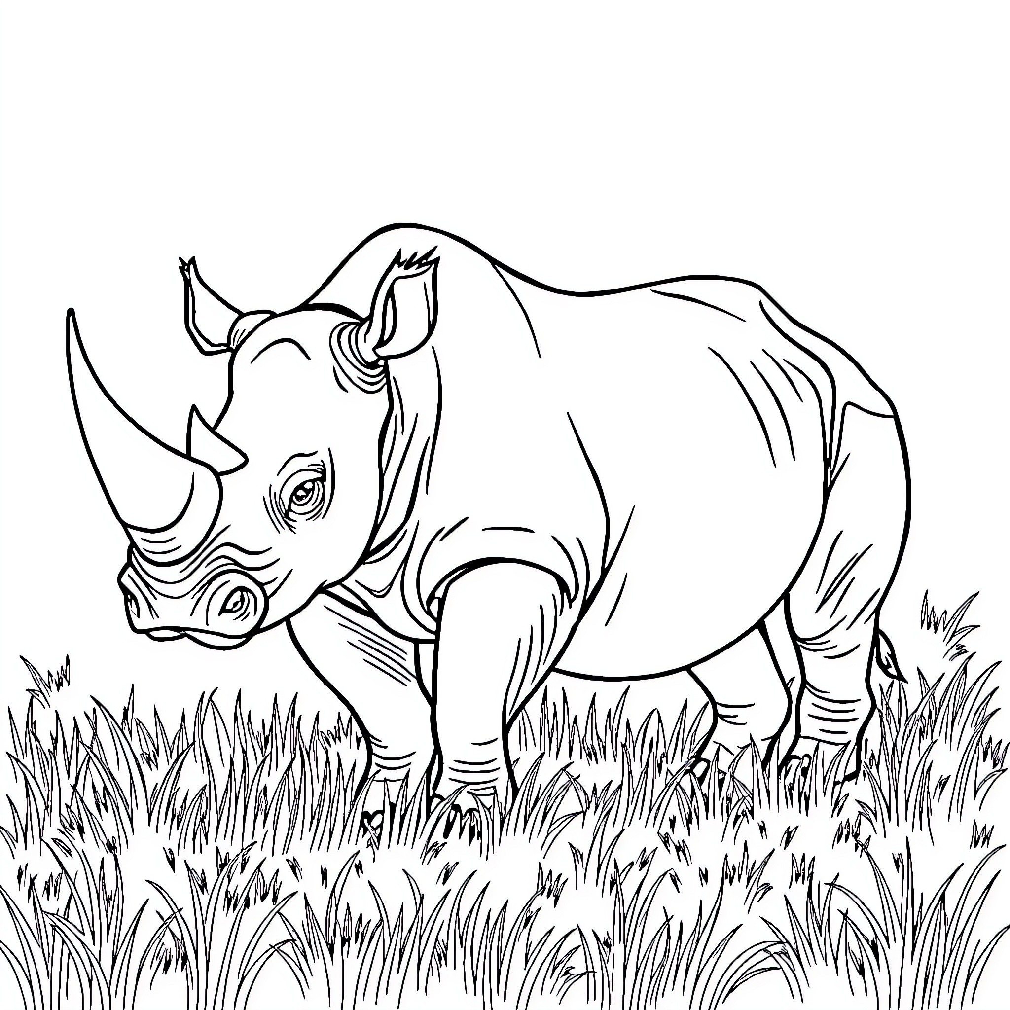 Rhino standing majestically in the grasslands Coloring Page (free black-and-white line drawing printable PDF for all, from beginners to advanced learners, including children, teens, adults, and seniors)