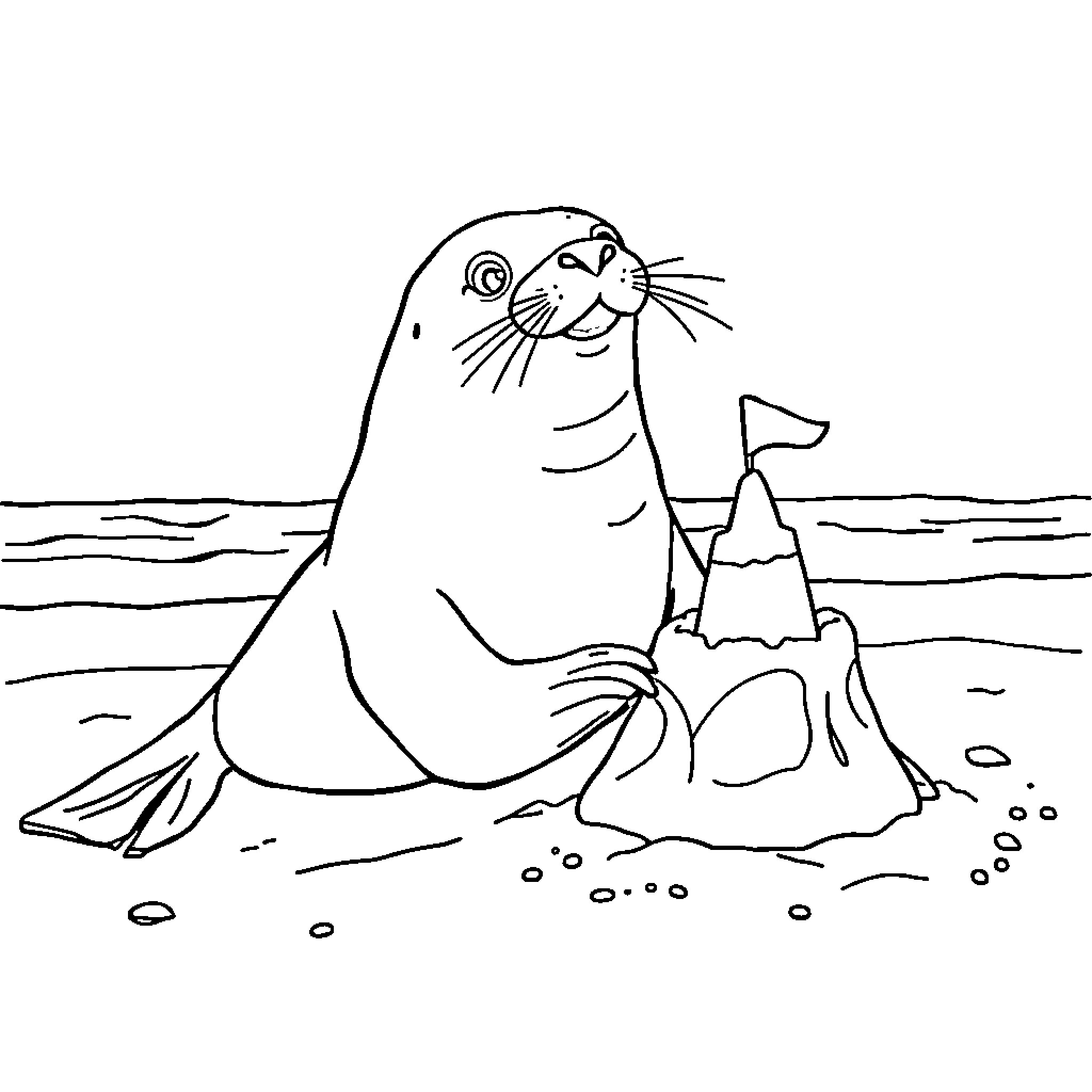 Lion seal resting on beach with sandcastle Coloring Page (free black-and-white line drawing printable PDF for all, from beginners to advanced learners, including children, teens, adults, and seniors)