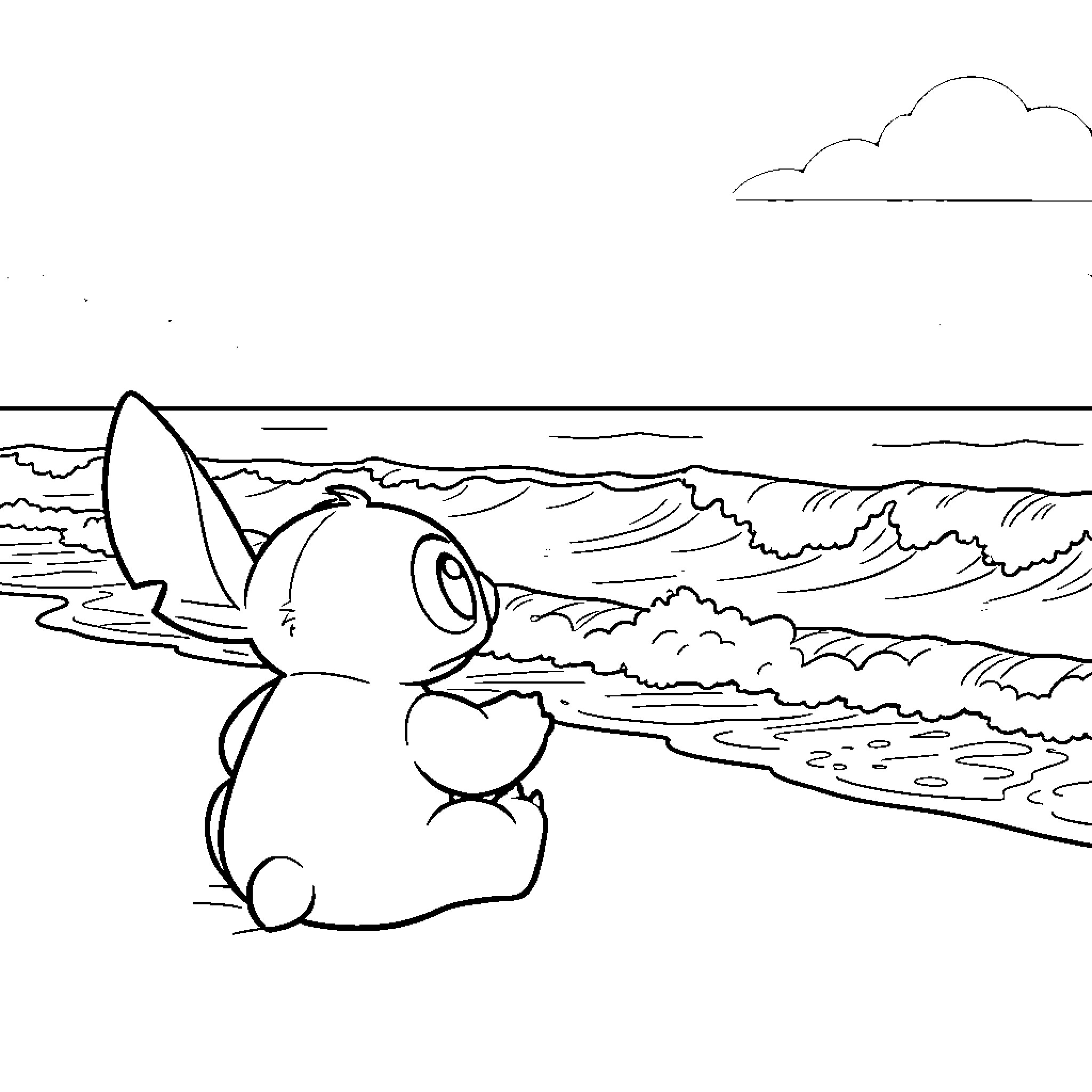 Stitch relaxing on the beach with waves Coloring Page (free black-and-white line drawing printable PDF for all, from beginners to advanced learners, including children, teens, adults, and seniors)