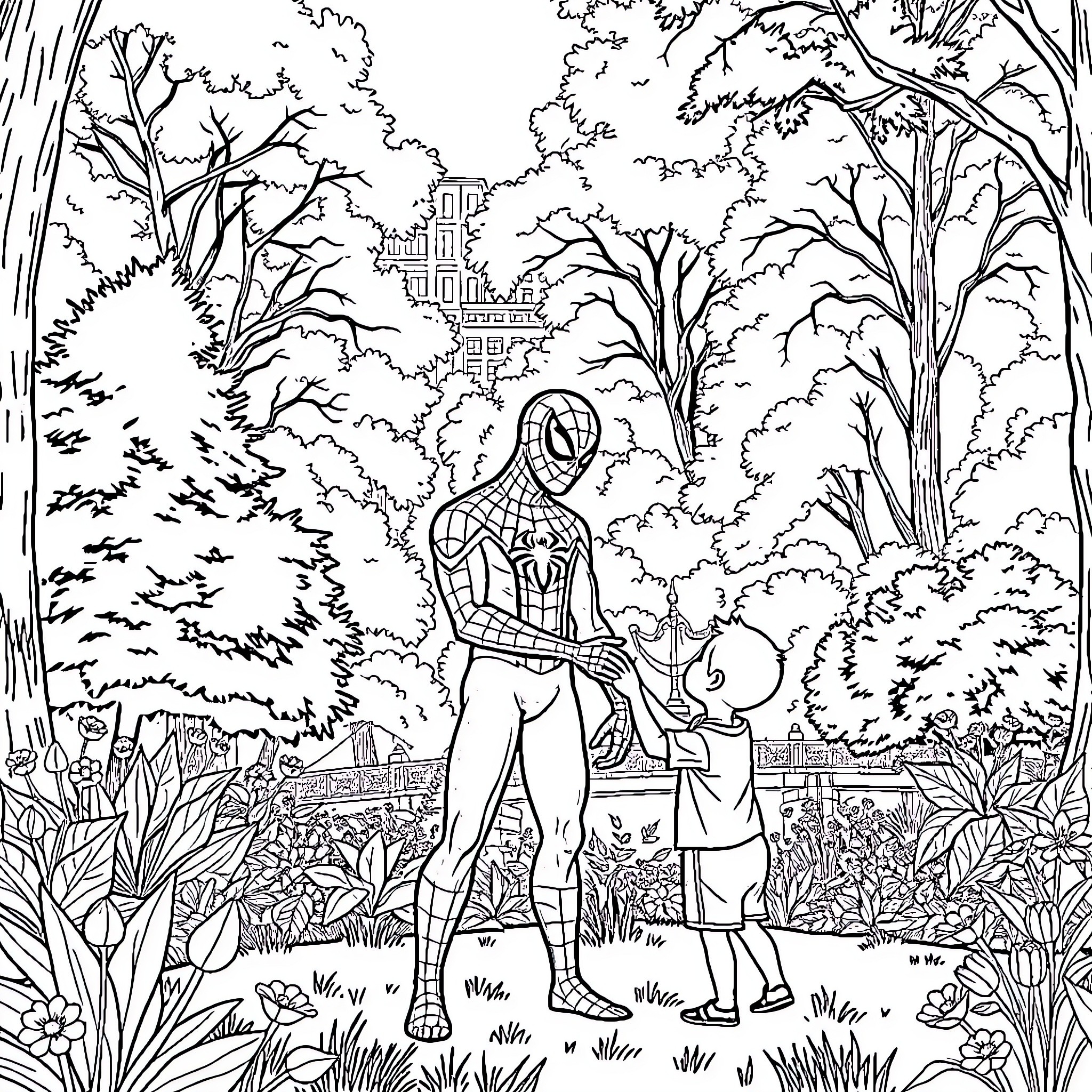 Spiderman encounters a child in a lush forest landscape Coloring Page (free black-and-white line drawing printable PDF for all, from beginners to advanced learners, including children, teens, adults, and seniors)