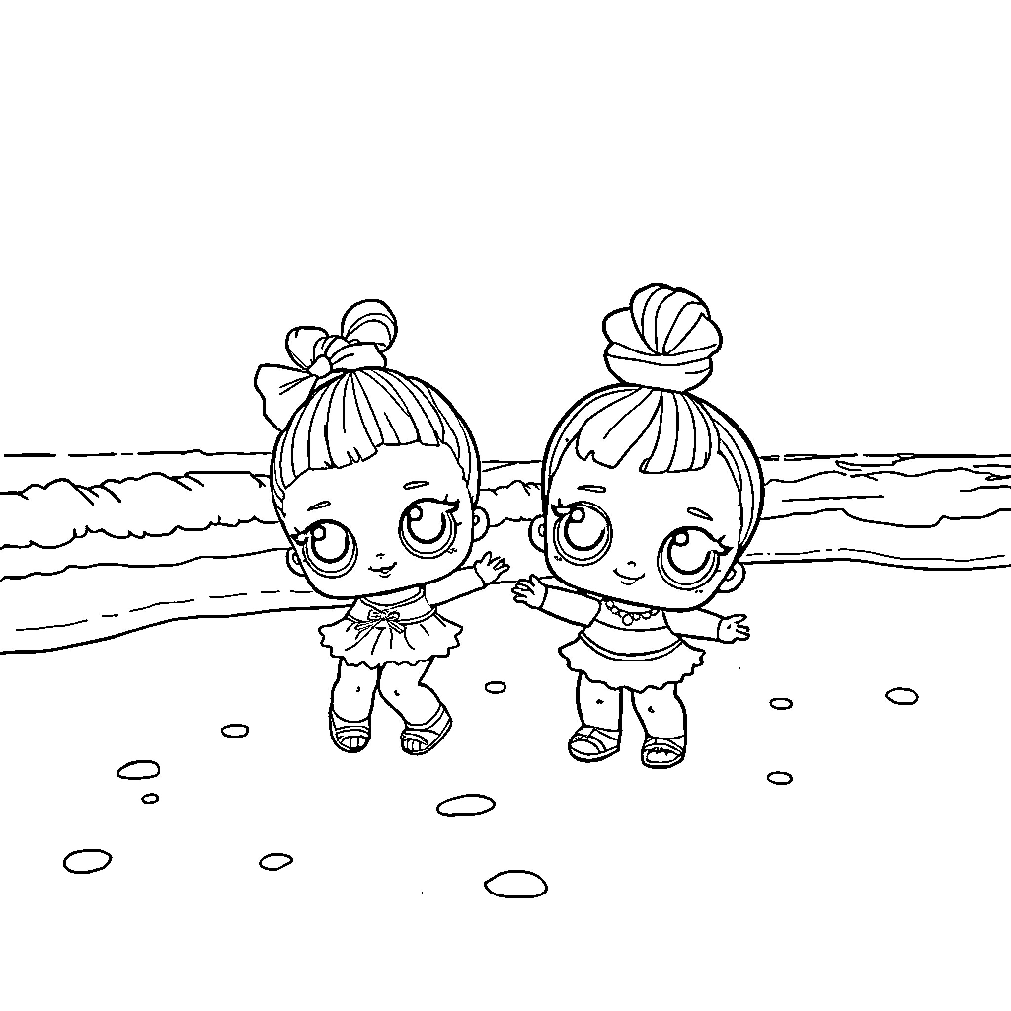 LOL Surprise Friends Exploring the Beach Coloring Page (free black-and-white line drawing printable PDF for all, from beginners to advanced learners, including children, teens, adults, and seniors)