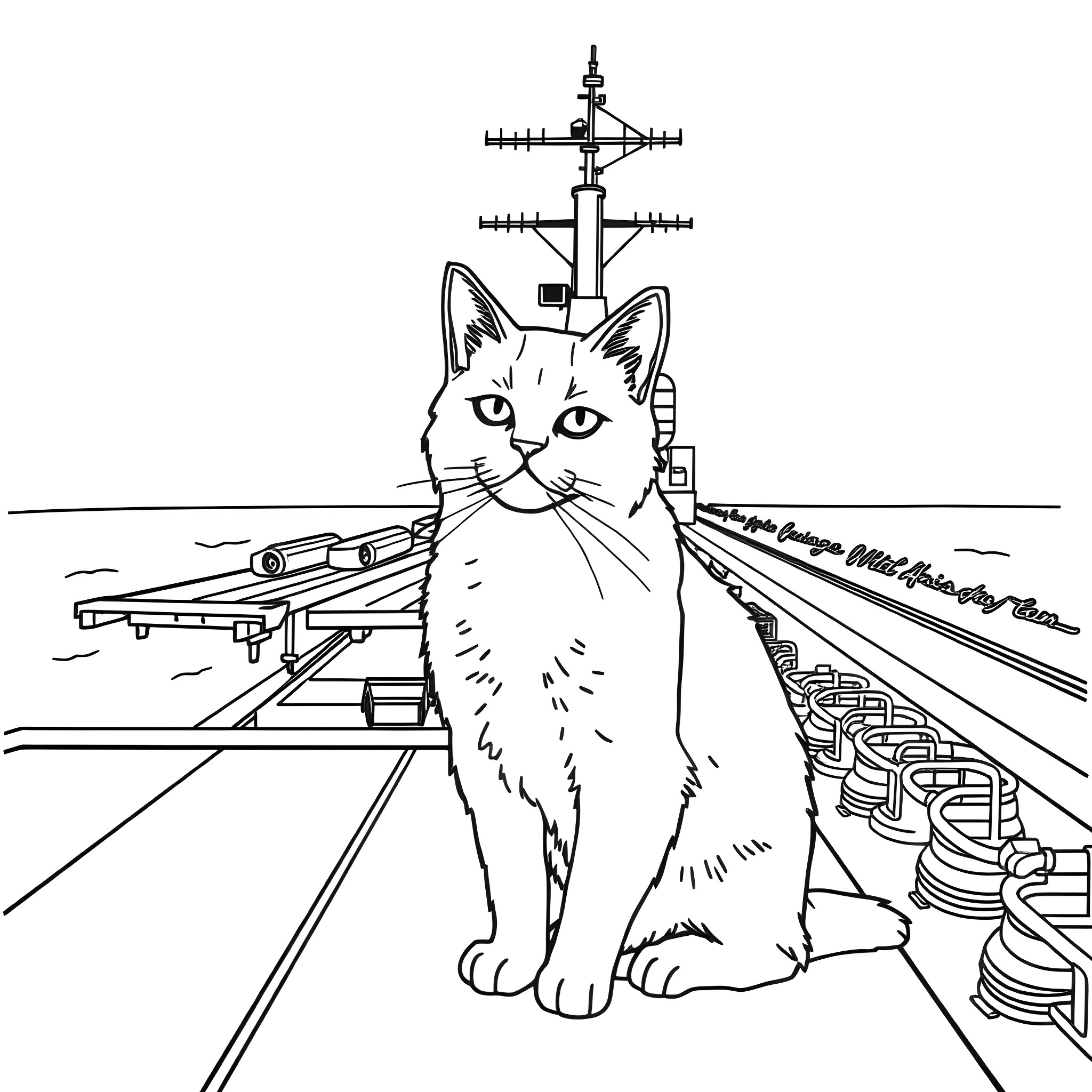 Cat sitting on ship deck near radar tower Coloring Page (free black-and-white line drawing printable PDF for all, from beginners to advanced learners, including children, teens, adults, and seniors)