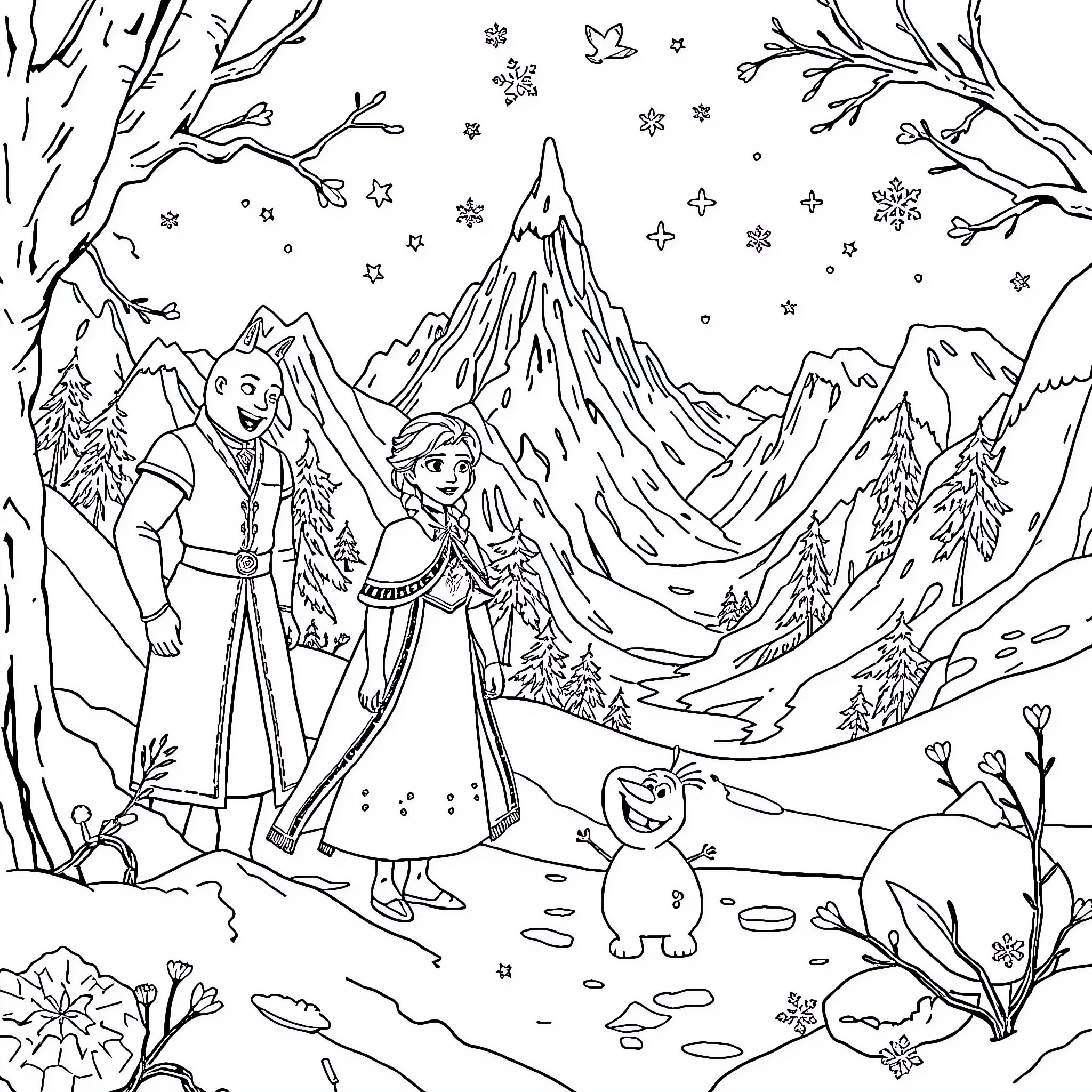 Frozen Characters Enjoying Snowy Mountain Landscape Coloring Page (free black-and-white line drawing printable PDF for all, from beginners to advanced learners, including children, teens, adults, and seniors)