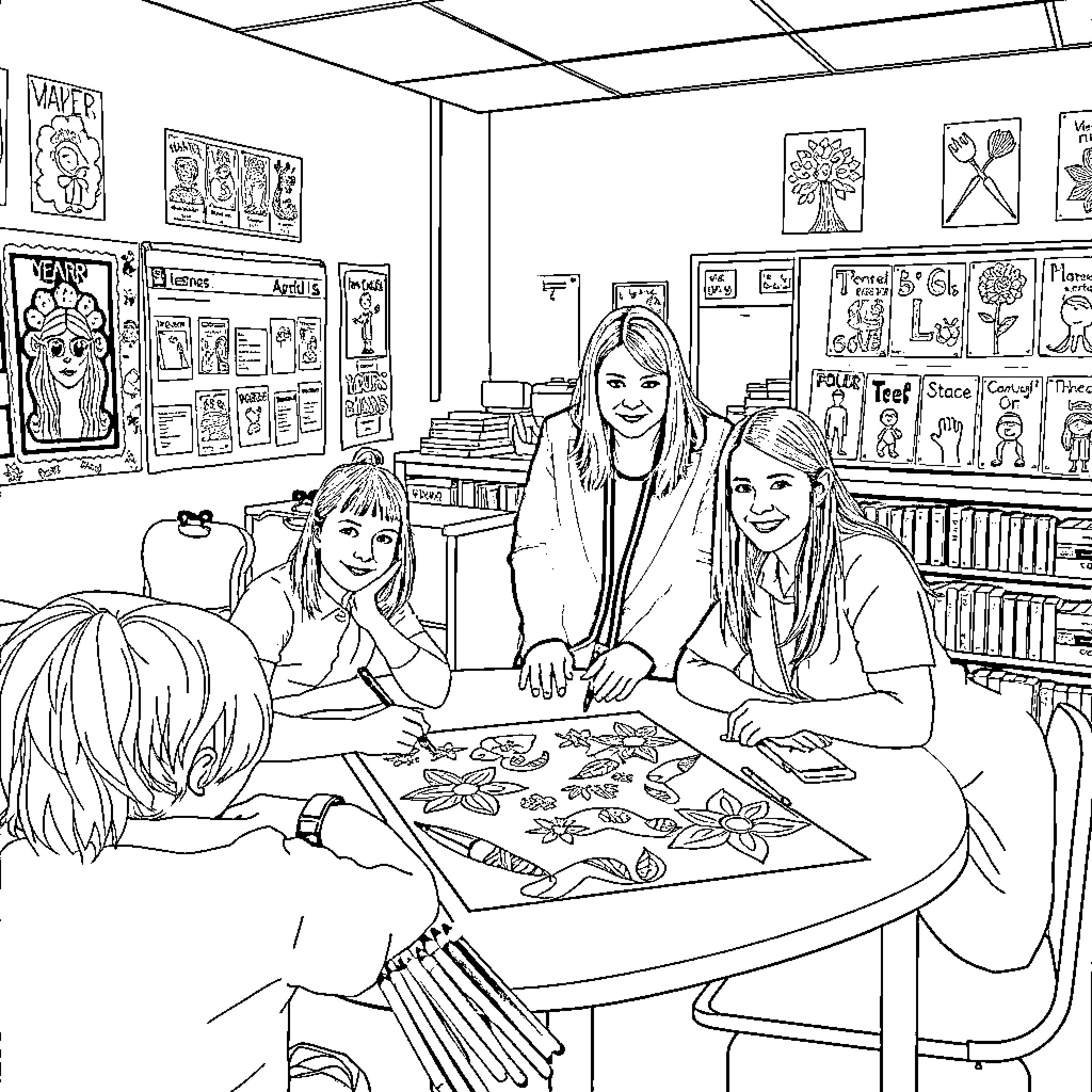 Orientation in a Classroom Setting Coloring Page (free black-and-white line drawing printable PDF for all, from beginners to advanced learners, including children, teens, adults, and seniors)