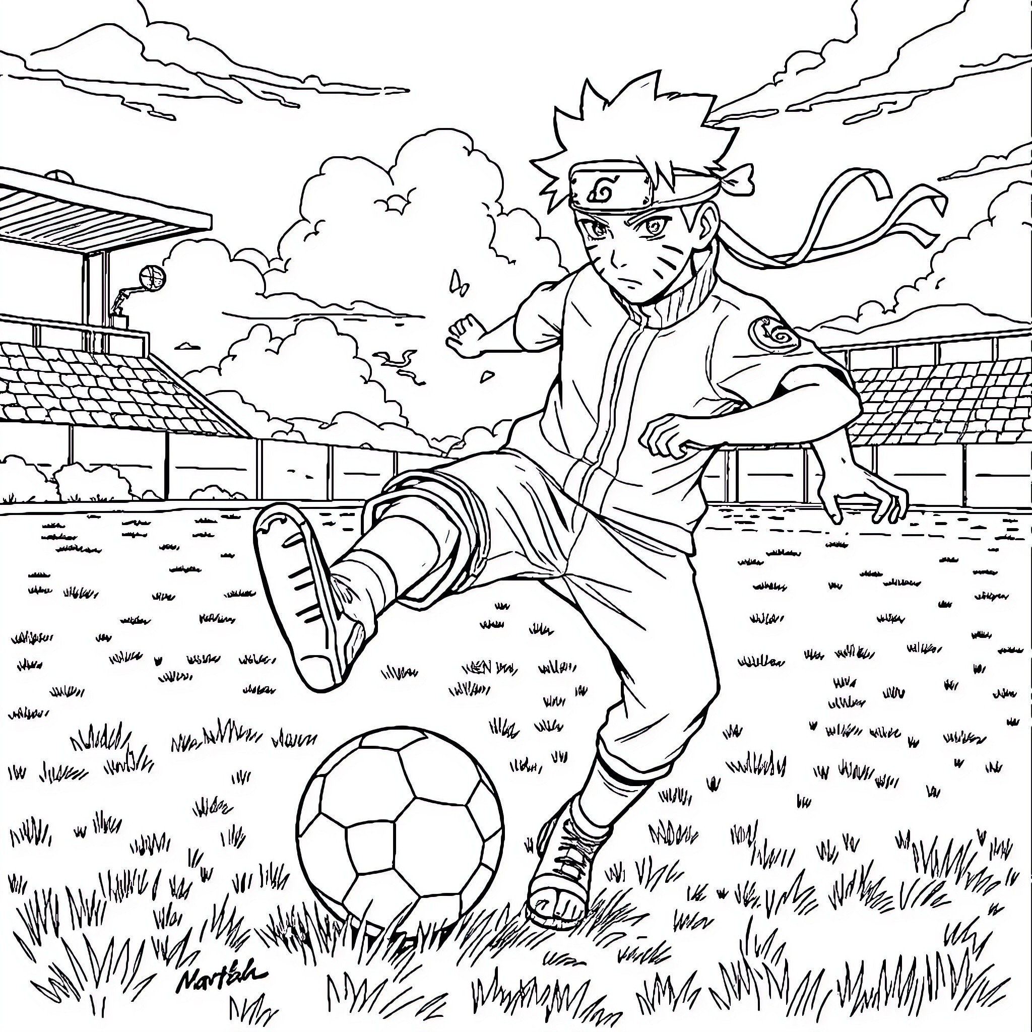 Naruto Playing Soccer in the Village Coloring Page (free black-and-white line drawing printable PDF for all, from beginners to advanced learners, including children, teens, adults, and seniors)