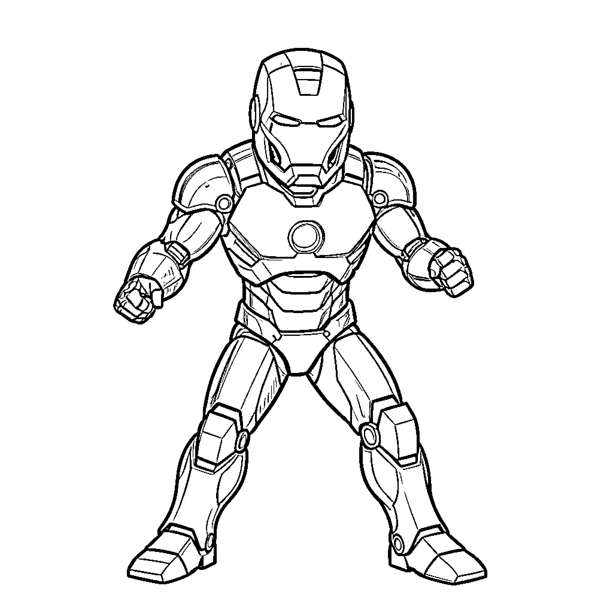 Mr. Potato in Iron Man suit striking a powerful pose Coloring Page (free black-and-white line drawing printable PDF for all, from beginners to advanced learners, including children, teens, adults, and seniors)