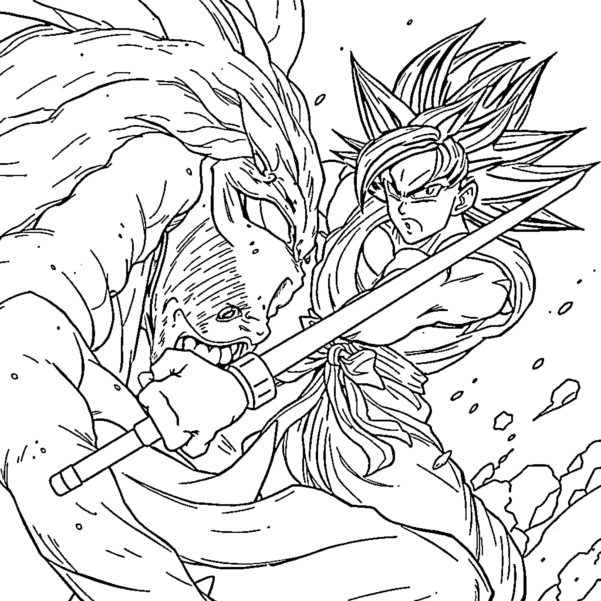 Goku Black unleashing fierce attacks against a formidable foe Coloring Page (free black-and-white line drawing printable PDF for all, from beginners to advanced learners, including children, teens, adults, and seniors)