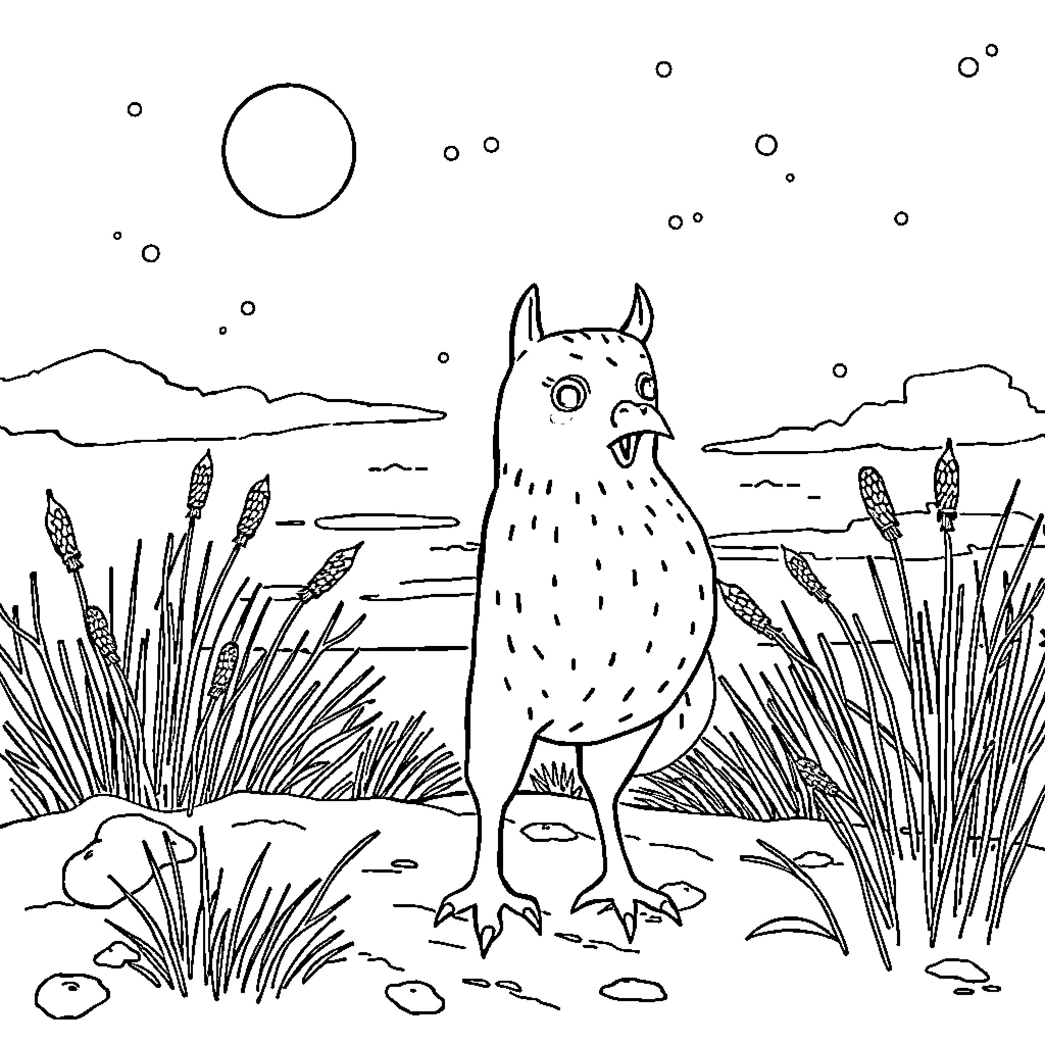 Lion in a peaceful nature landscape Coloring Page (free black-and-white line drawing printable PDF for all, from beginners to advanced learners, including children, teens, adults, and seniors)